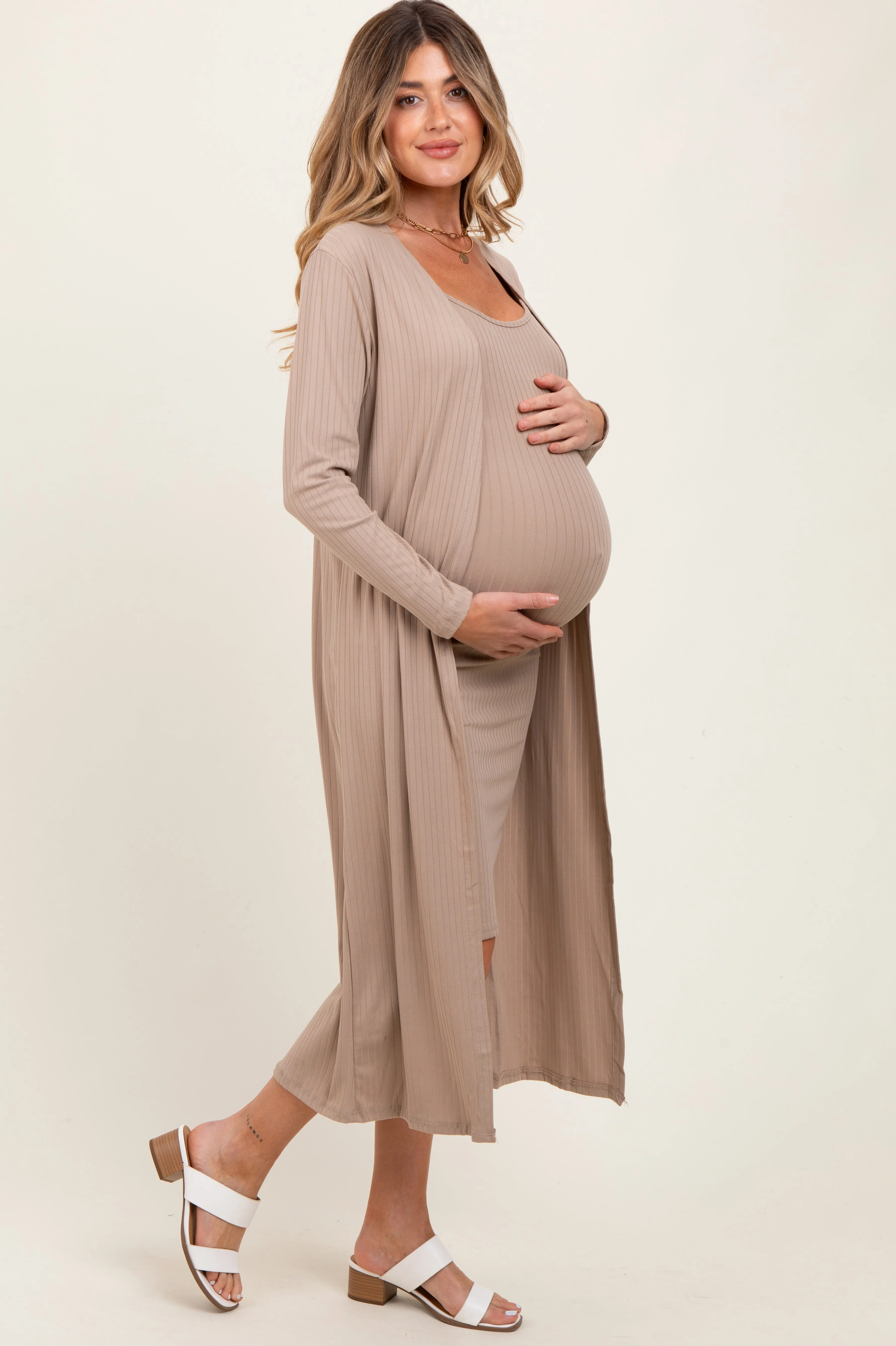 Cream Ribbed Cardigan 2 Piece Maternity Set sold by Pinkblush product image thumbnail 2
