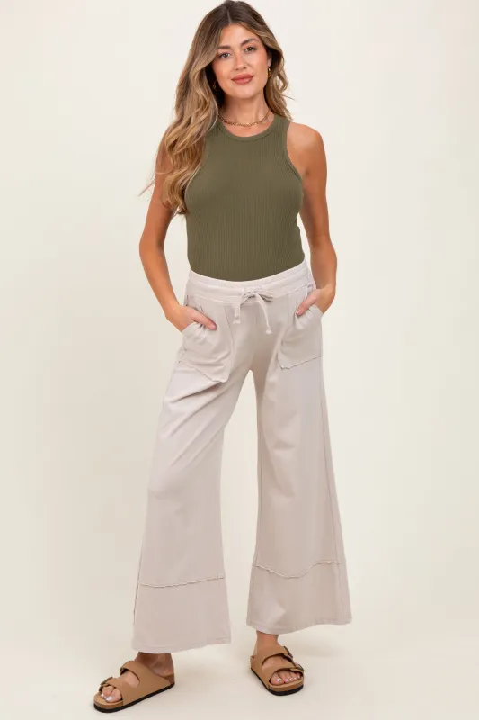 Cream Mineral Wash Wide Leg Ankle Maternity Pants sold by Pinkblush