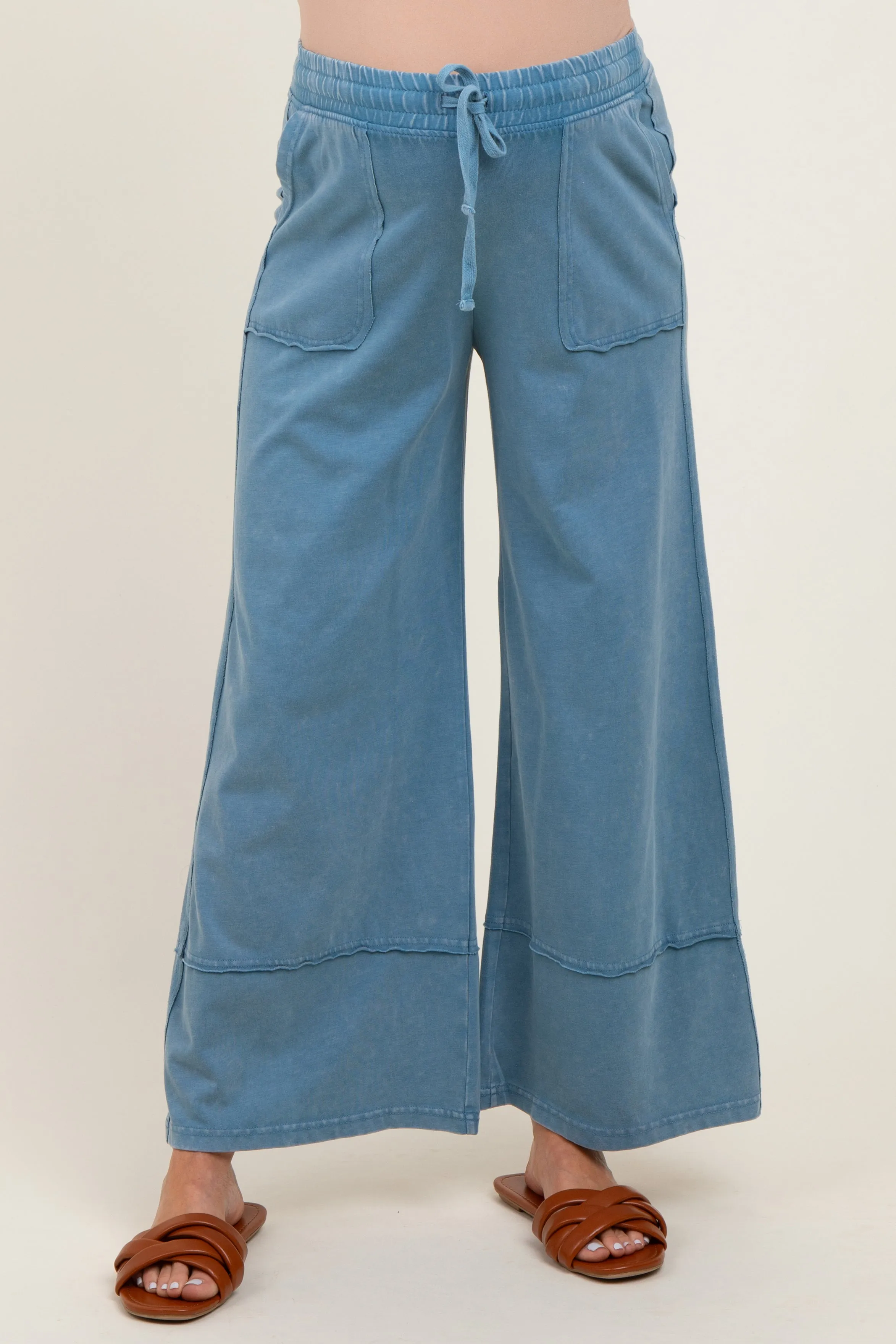 Blue Mineral Wash Wide Leg Ankle Maternity Pants sold by Pinkblush product image thumbnail 2
