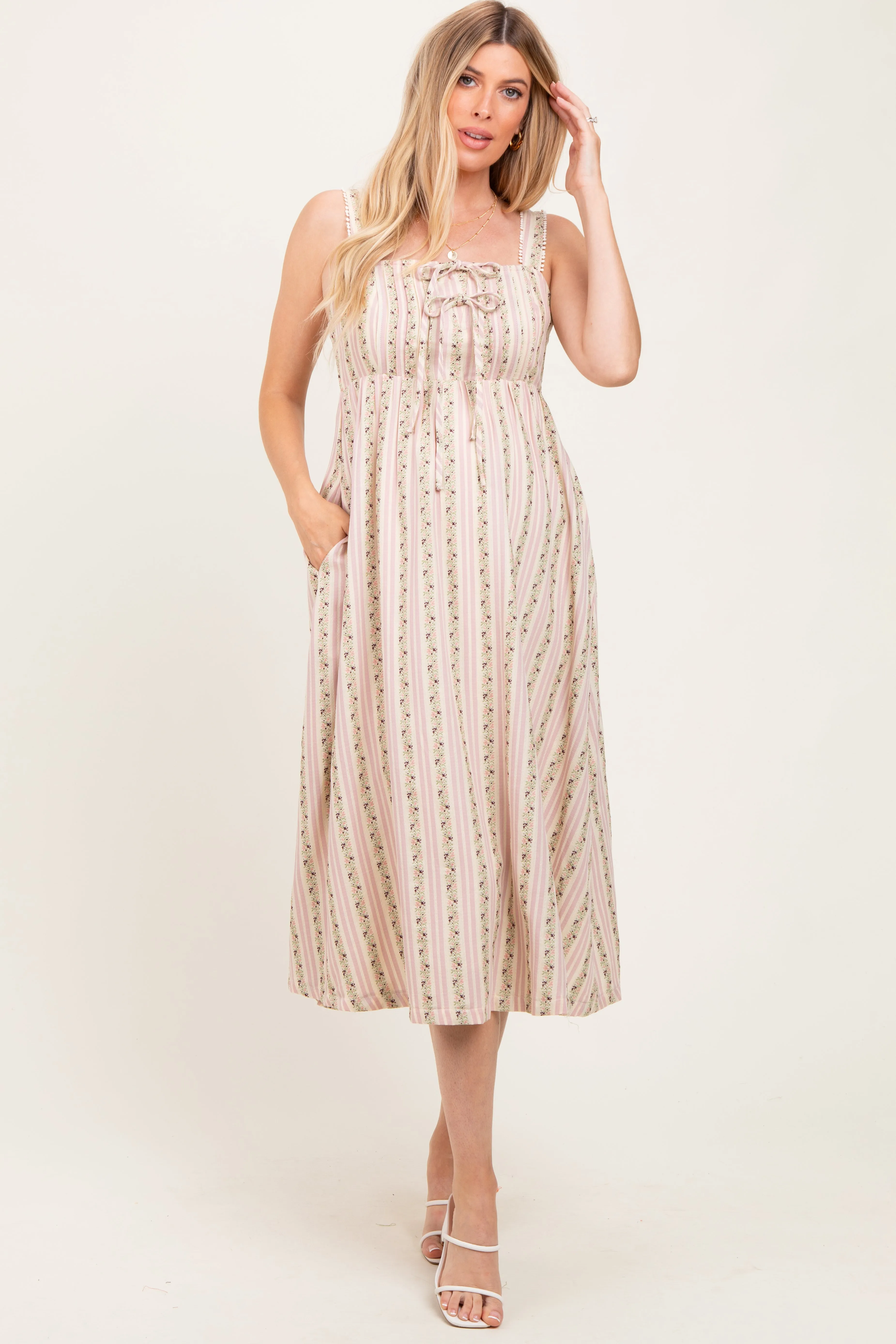 Pink Floral Embroidered Striped Maternity Midi Dress sold by Pinkblush