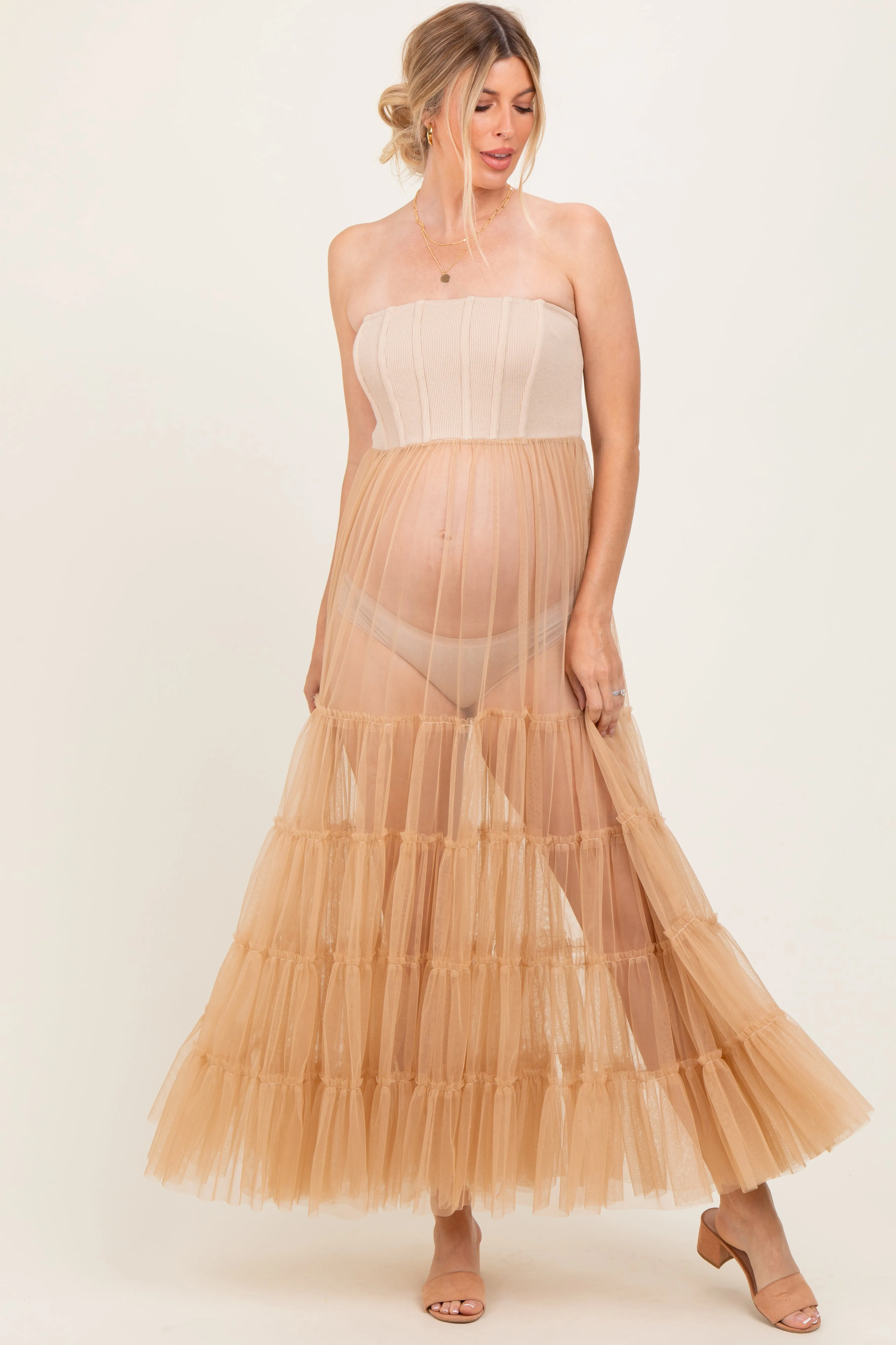 Beige Corset Tiered Tulle Maternity Photoshoot Dress sold by Pinkblush