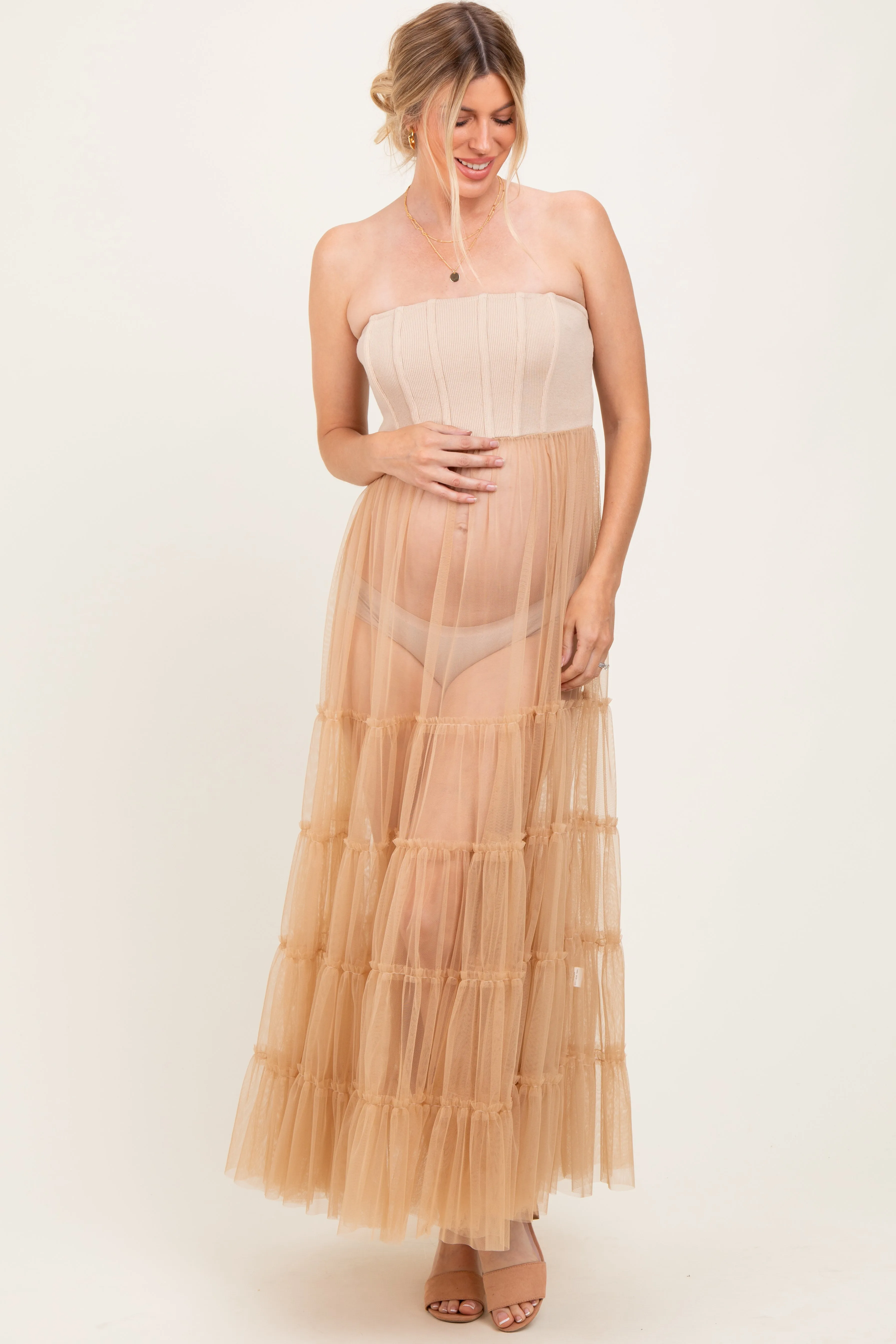 Beige Corset Tiered Tulle Maternity Photoshoot Dress sold by Pinkblush product image thumbnail 2