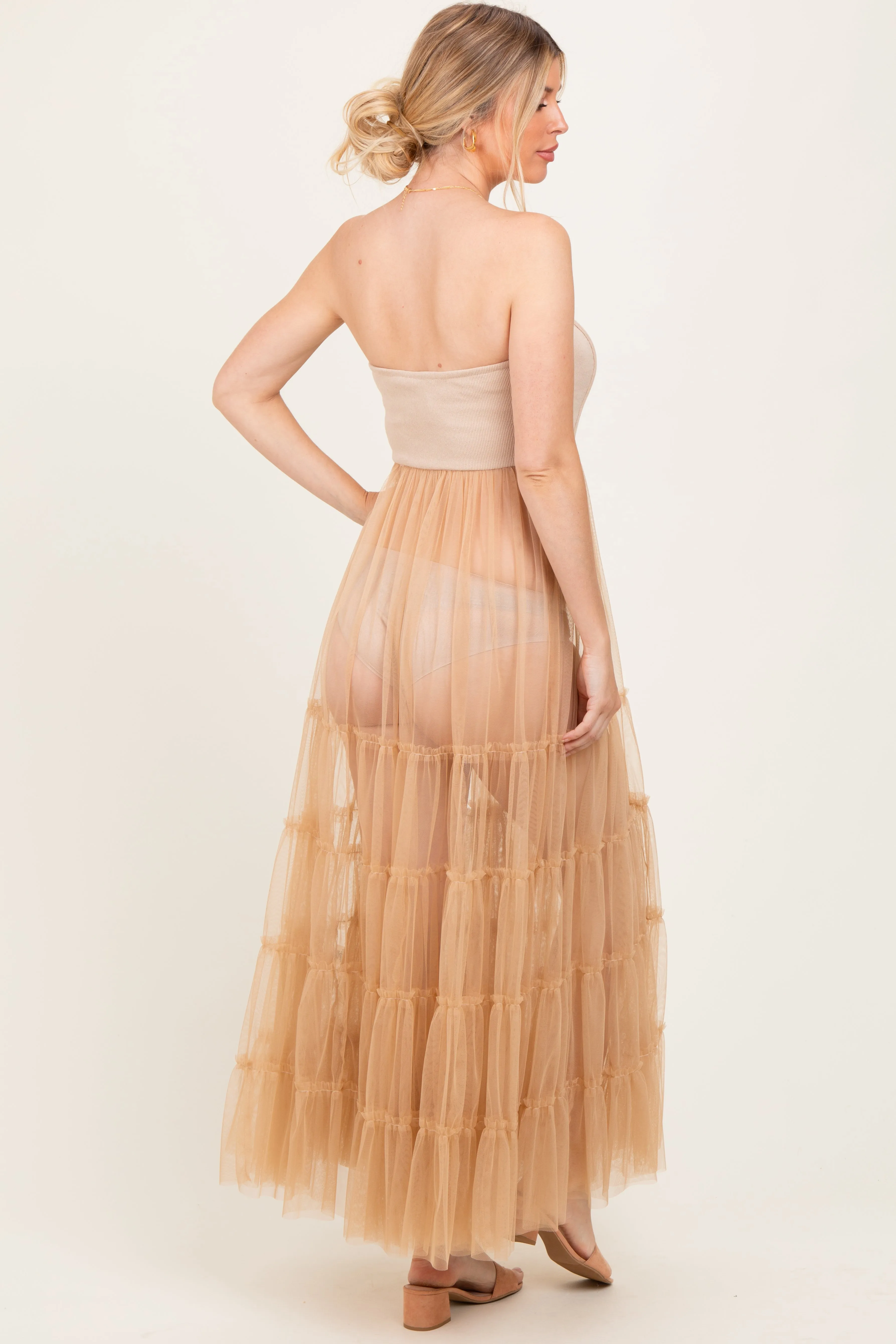 Beige Corset Tiered Tulle Maternity Photoshoot Dress sold by Pinkblush product image thumbnail 3