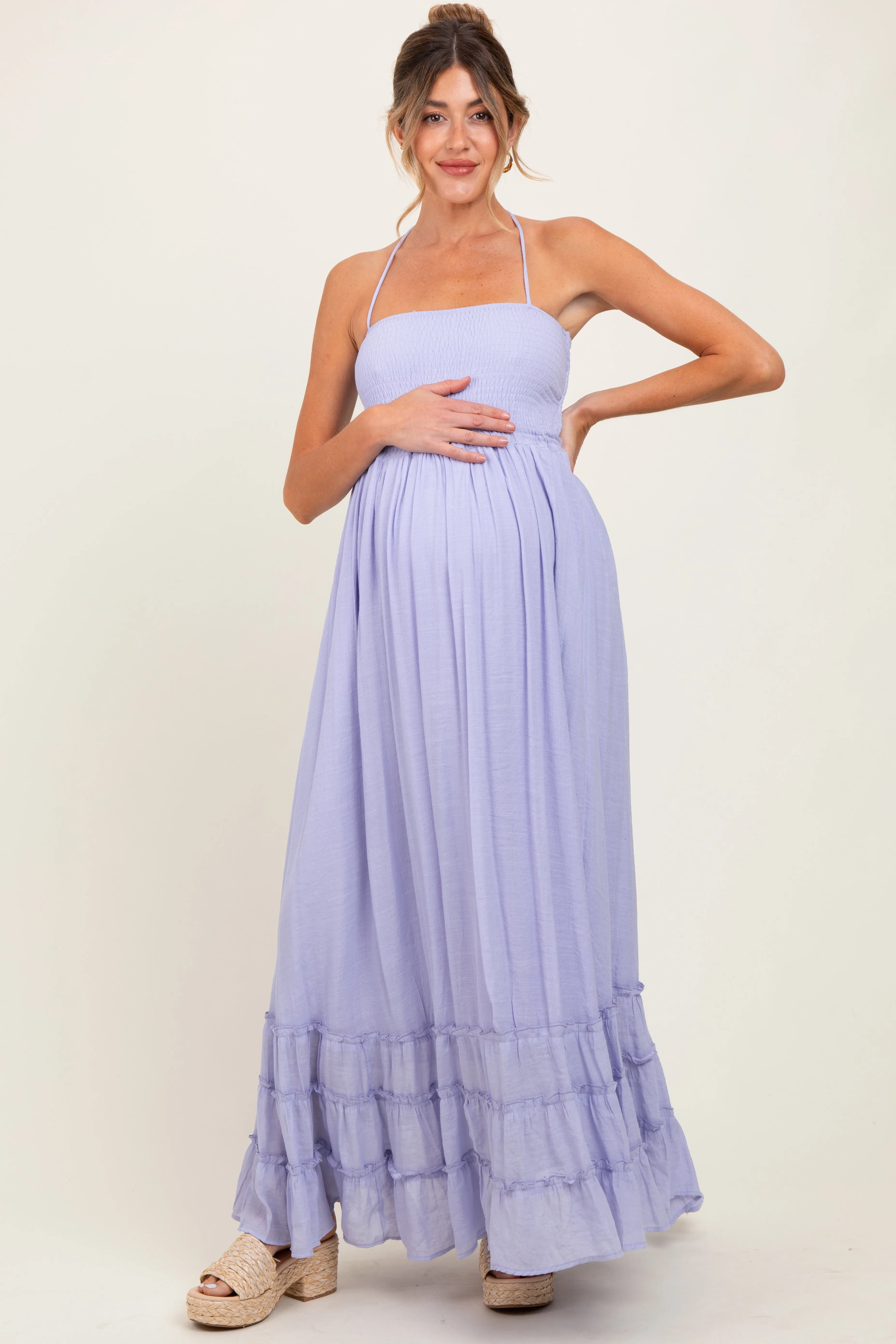 Lavender Halter Neck Smocked Tiered Hem Maternity Maxi Dress sold by Pinkblush