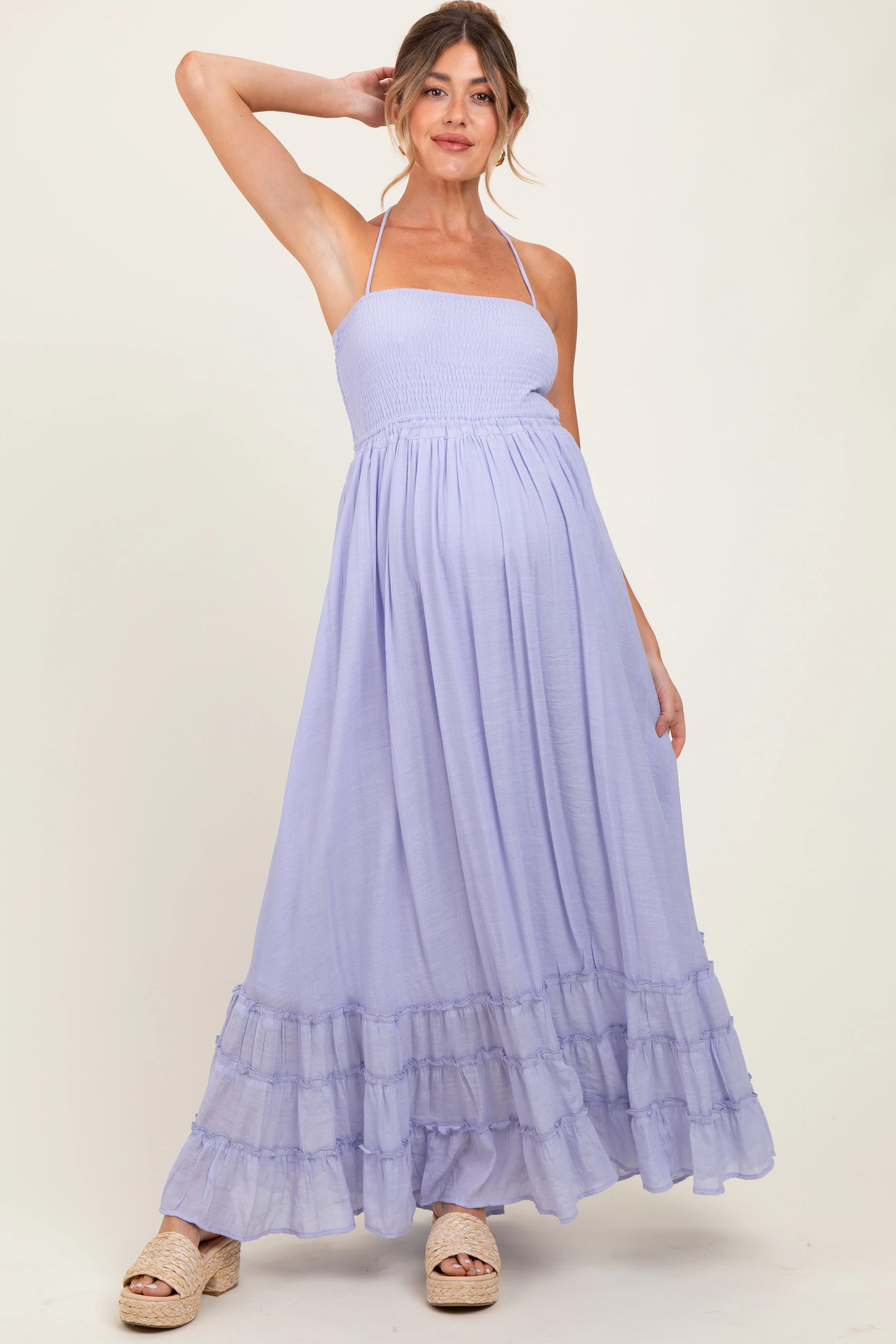 Lavender Halter Neck Smocked Tiered Hem Maternity Maxi Dress sold by Pinkblush product image thumbnail 2