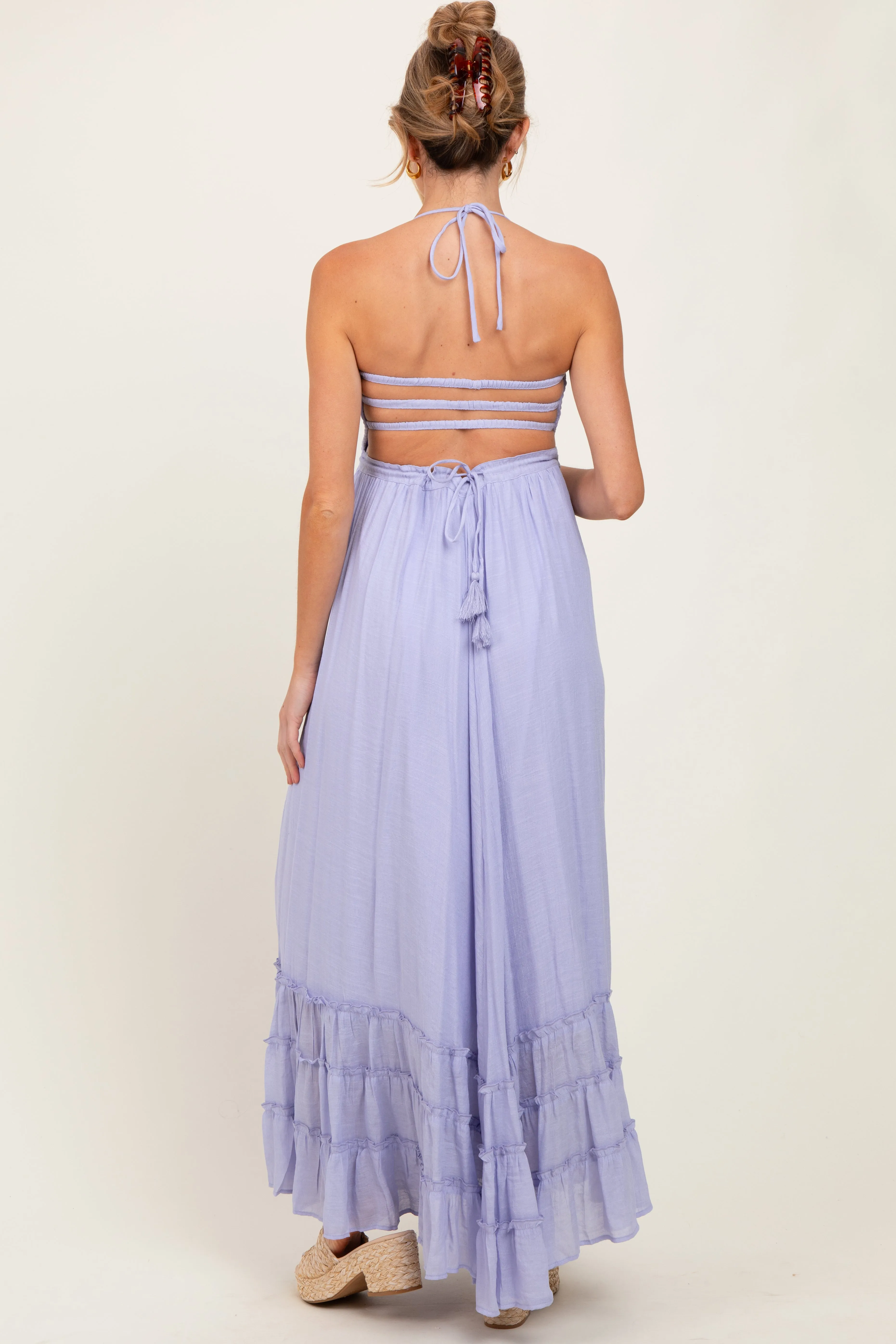 Lavender Halter Neck Smocked Tiered Hem Maternity Maxi Dress sold by Pinkblush product image thumbnail 3