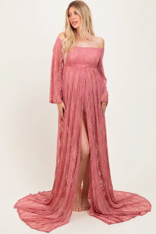 Mauve Lace Long Sleeve Off Shoulder Slit Draped Maternity Photoshoot Dress sold by Pinkblush
