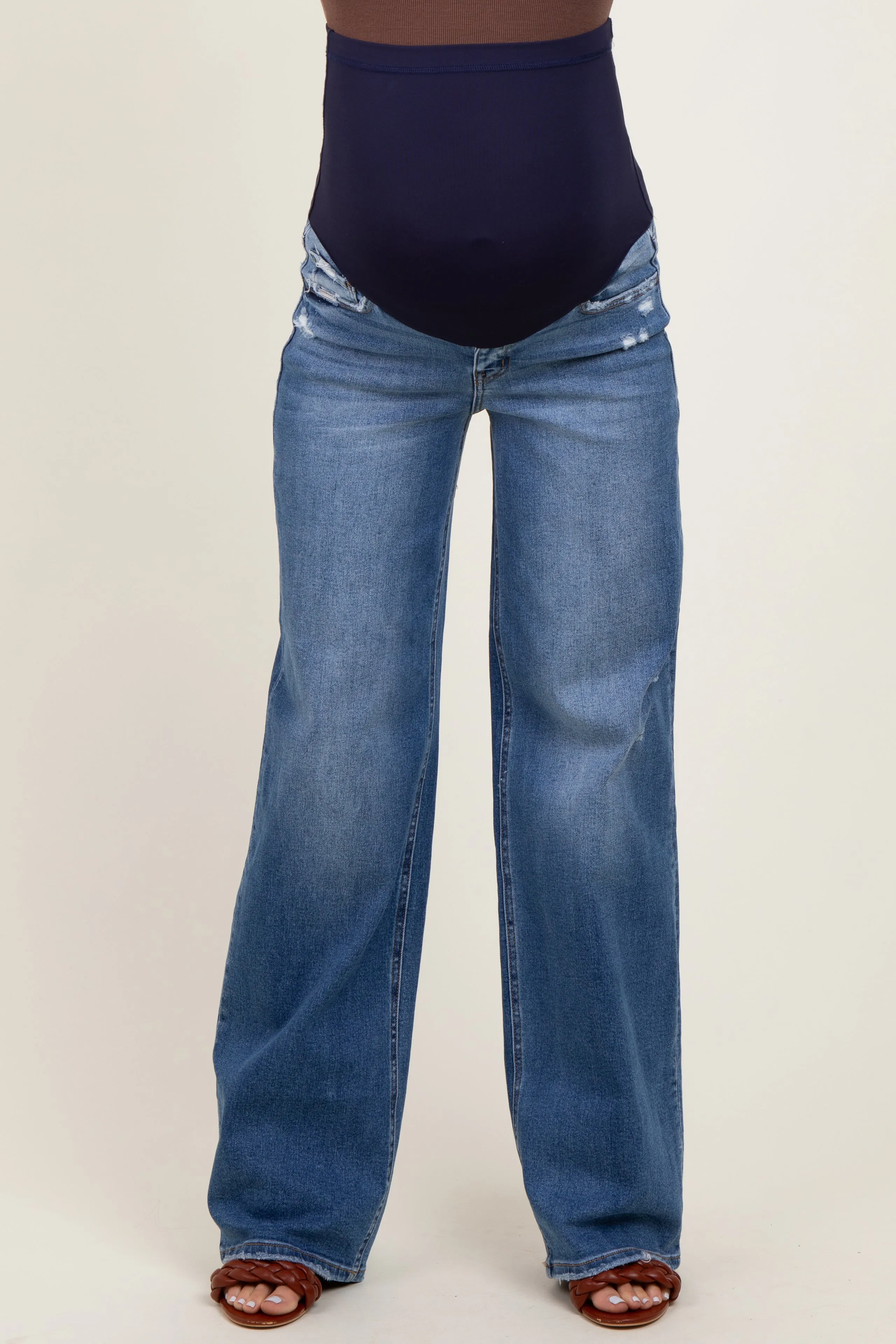 Blue Lightly Distressed Wide Leg Maternity Jeans sold by Pinkblush product image thumbnail 2