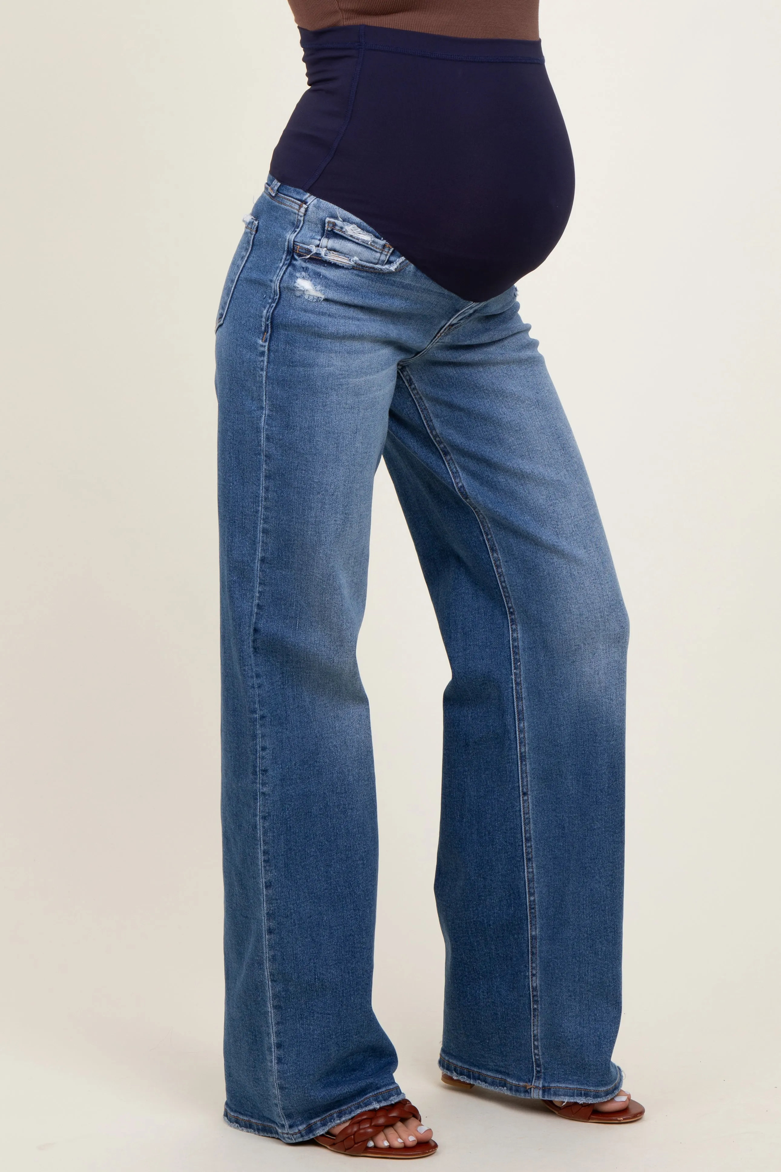 Blue Lightly Distressed Wide Leg Maternity Jeans sold by Pinkblush product image thumbnail 3