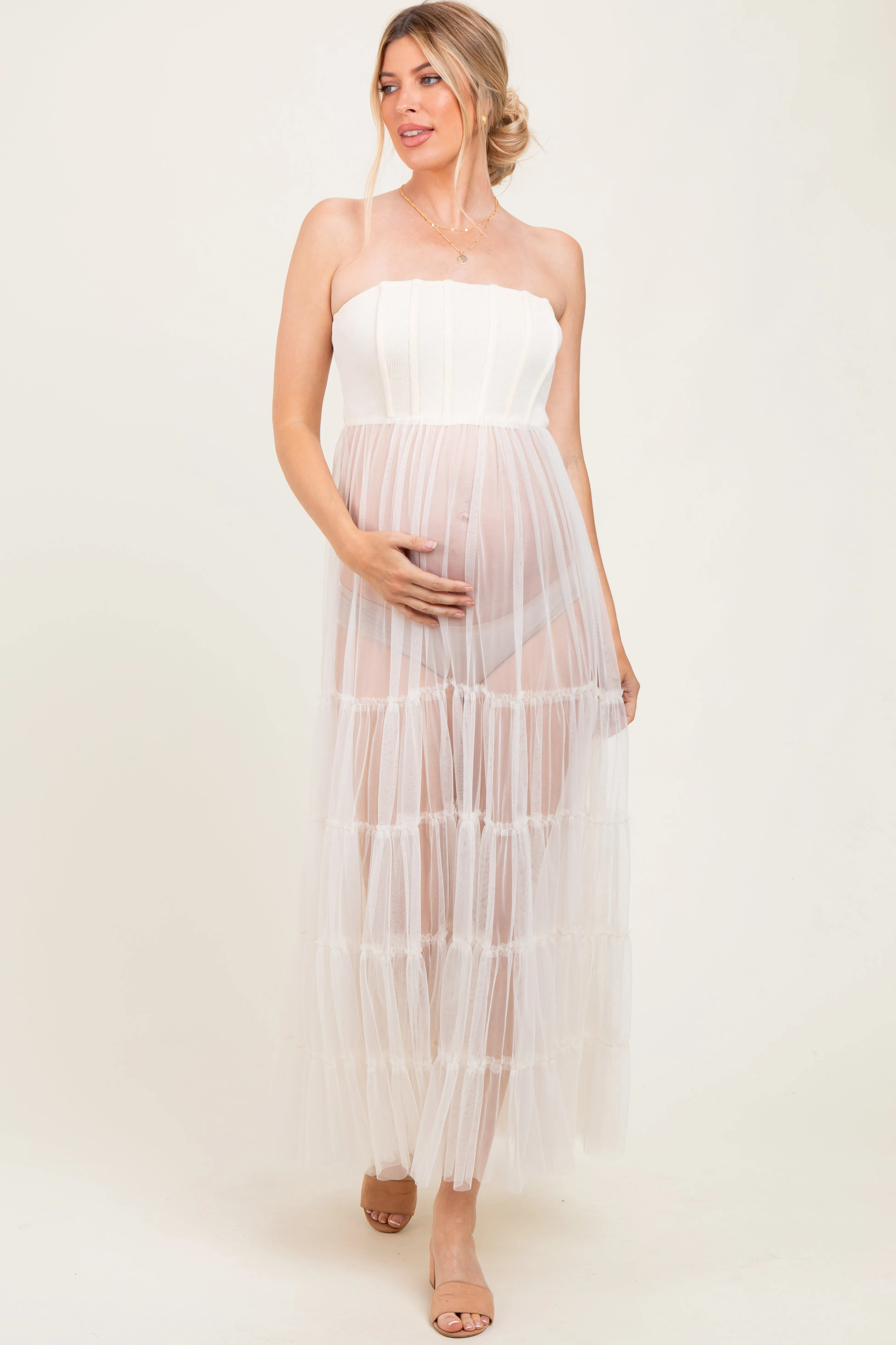 Cream Corset Tiered Tulle Maternity Photoshoot Dress sold by Pinkblush
