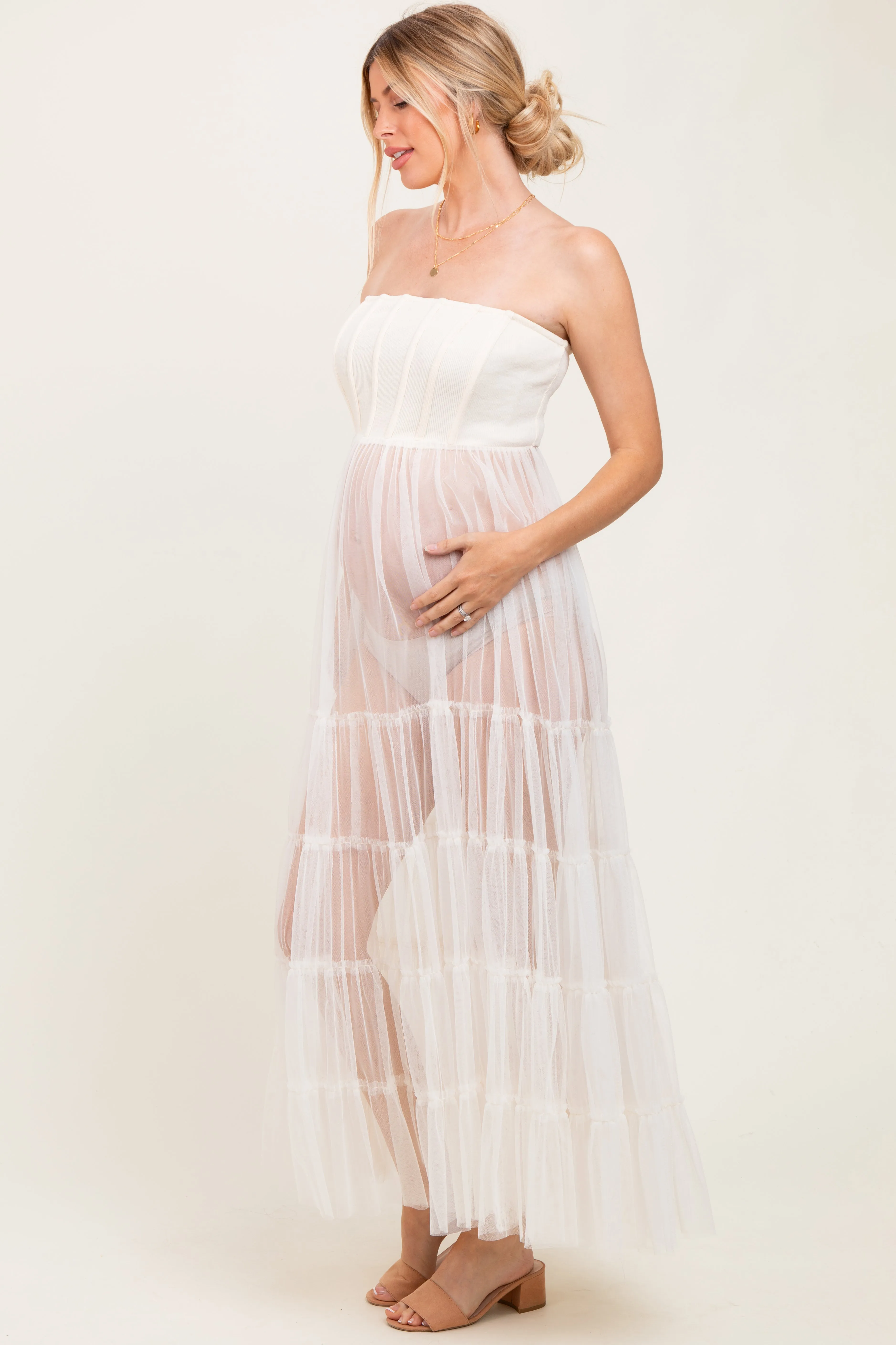 Cream Corset Tiered Tulle Maternity Photoshoot Dress sold by Pinkblush product image thumbnail 2