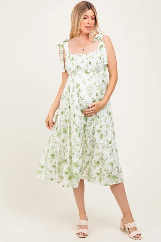 Olive Floral Shoulder Tie Tiered Maternity Midi Dress sold by Pinkblush