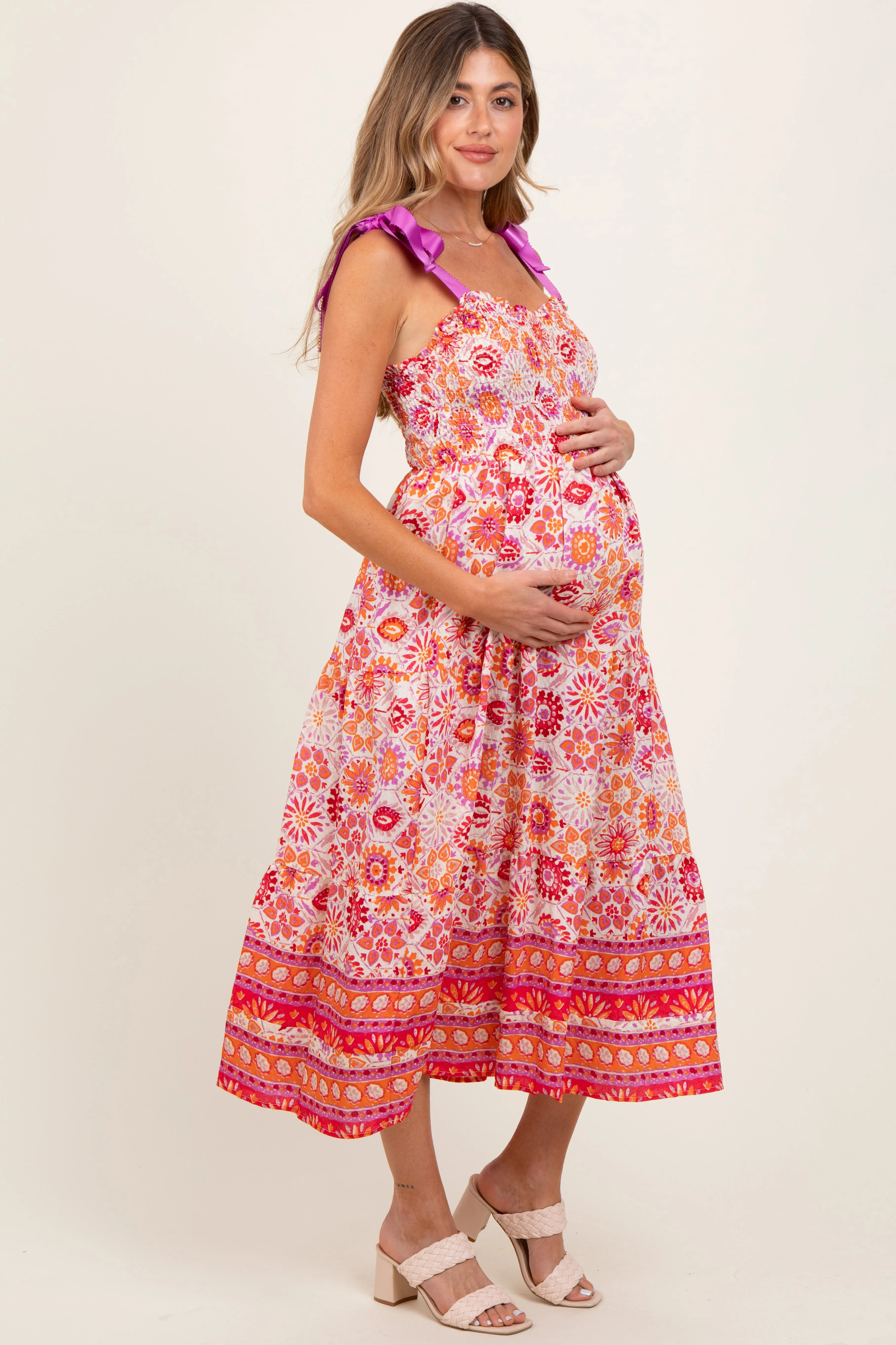 Orange Floral Shoulder Tie Smocked Maternity Midi Dress sold by Pinkblush product image thumbnail 2