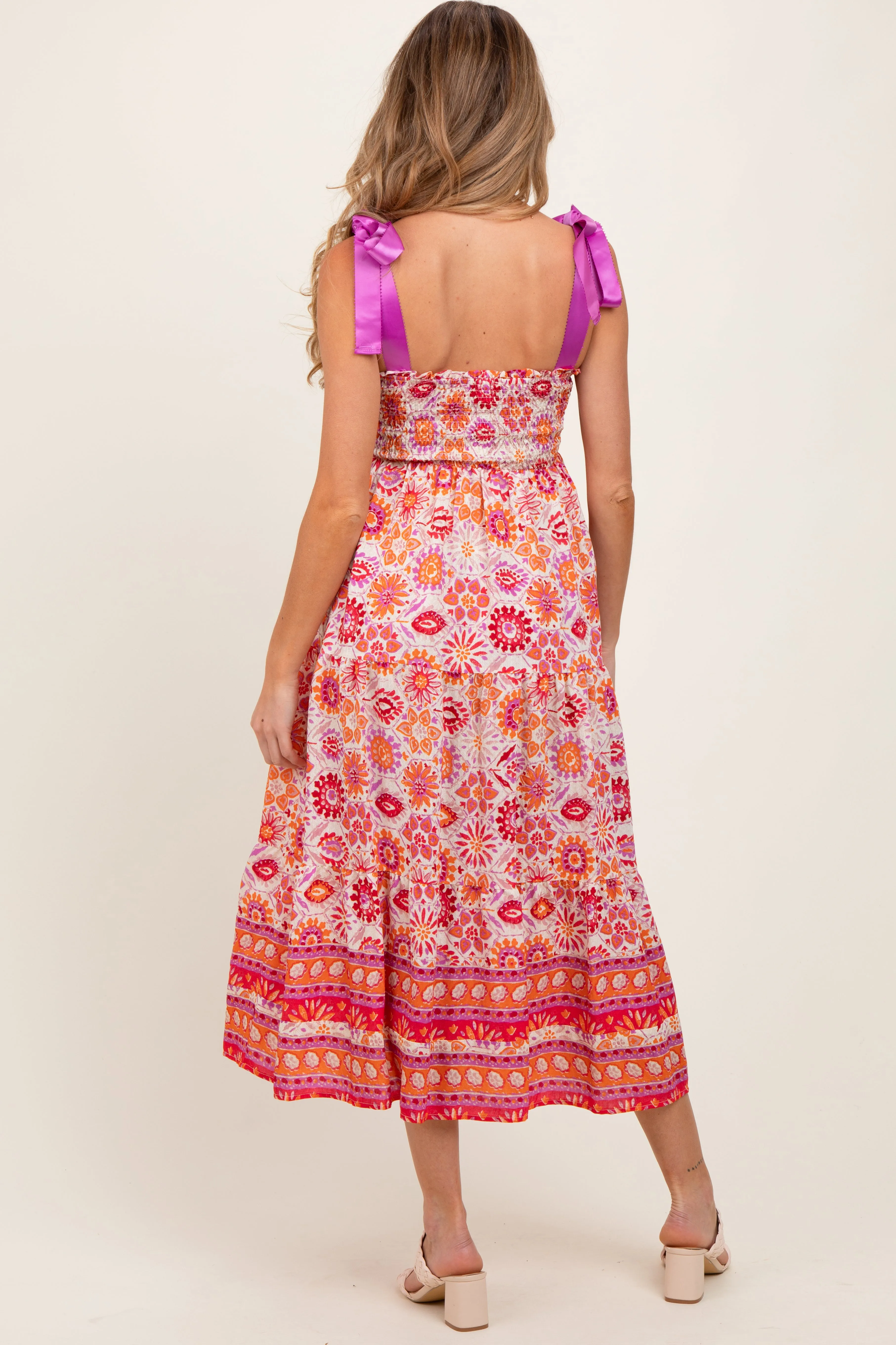 Orange Floral Shoulder Tie Smocked Maternity Midi Dress sold by Pinkblush product image thumbnail 3