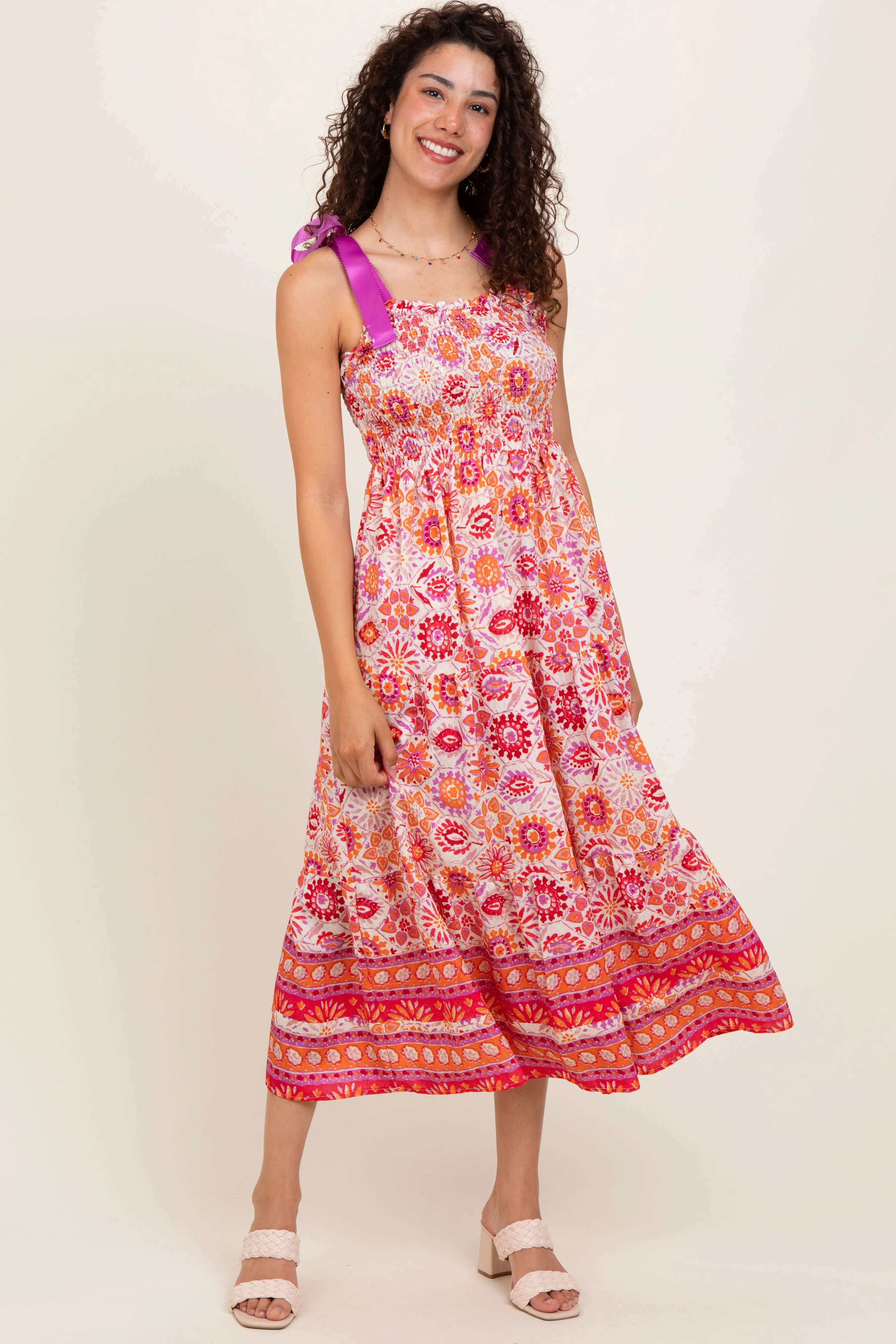 Orange Floral Shoulder Tie Smocked Maternity Midi Dress sold by Pinkblush product image thumbnail 4