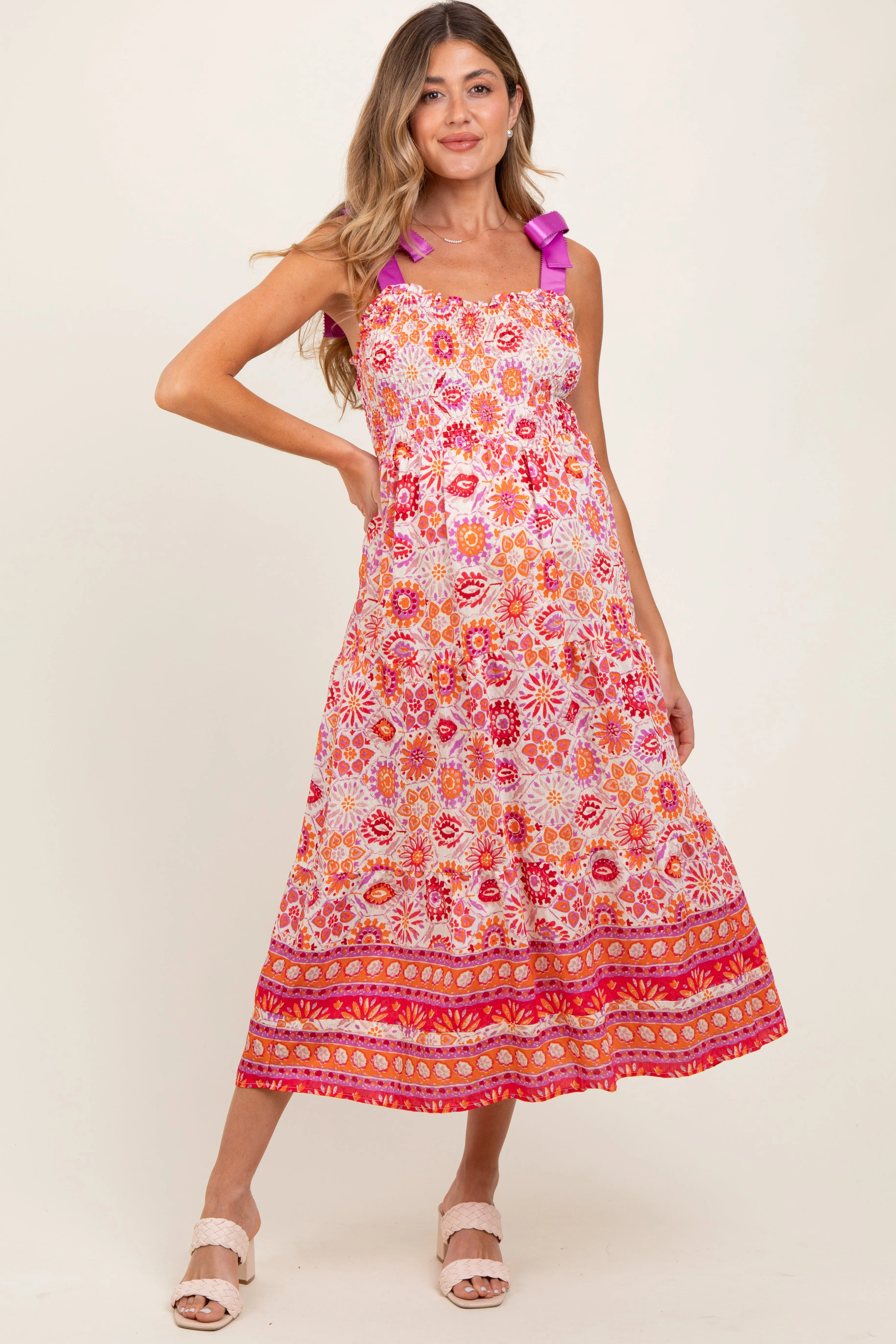 Orange Floral Shoulder Tie Smocked Maternity Midi Dress sold by Pinkblush