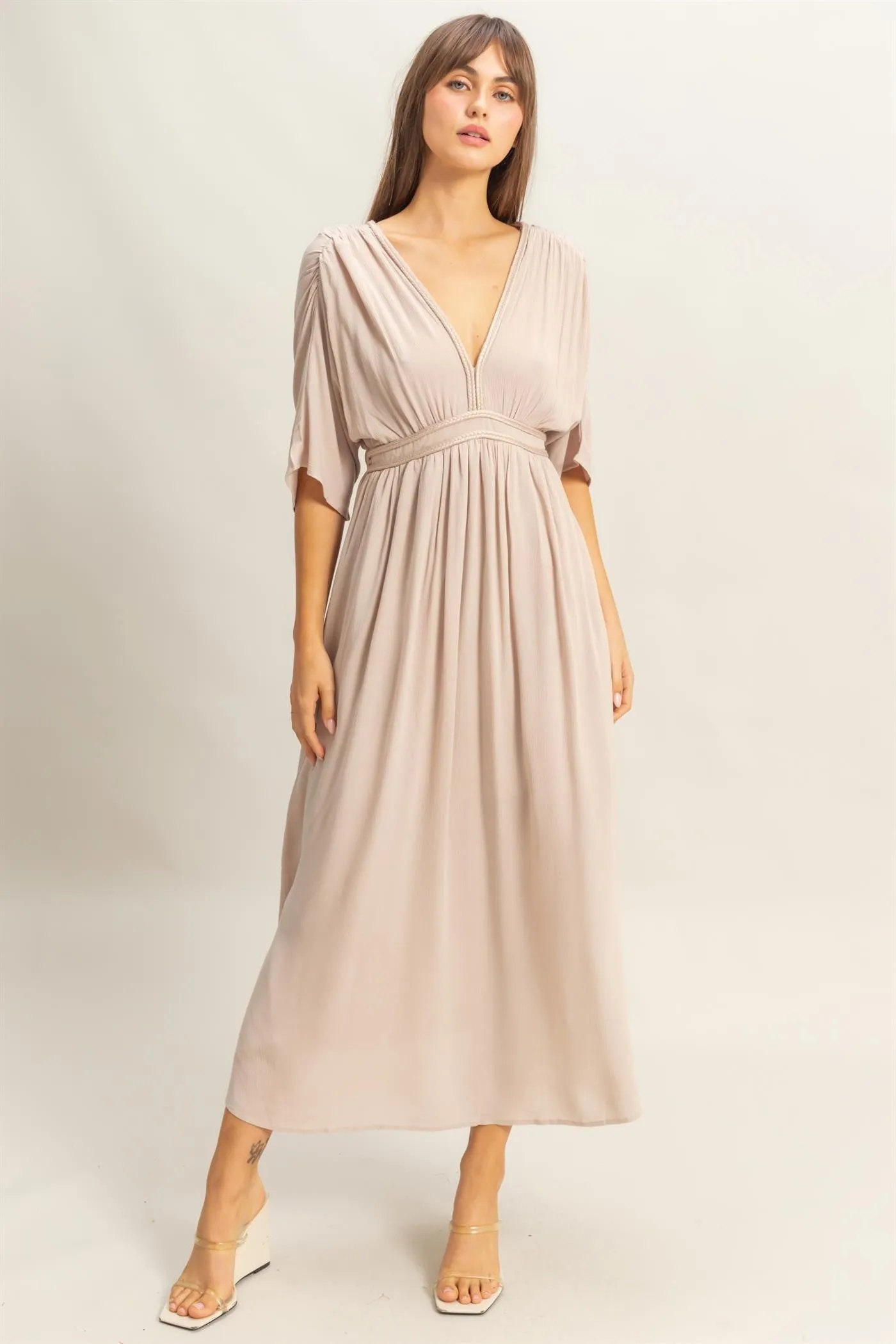 Beige V-Neck Braid Detail Maternity Maxi Dress sold by Pinkblush product image thumbnail 4