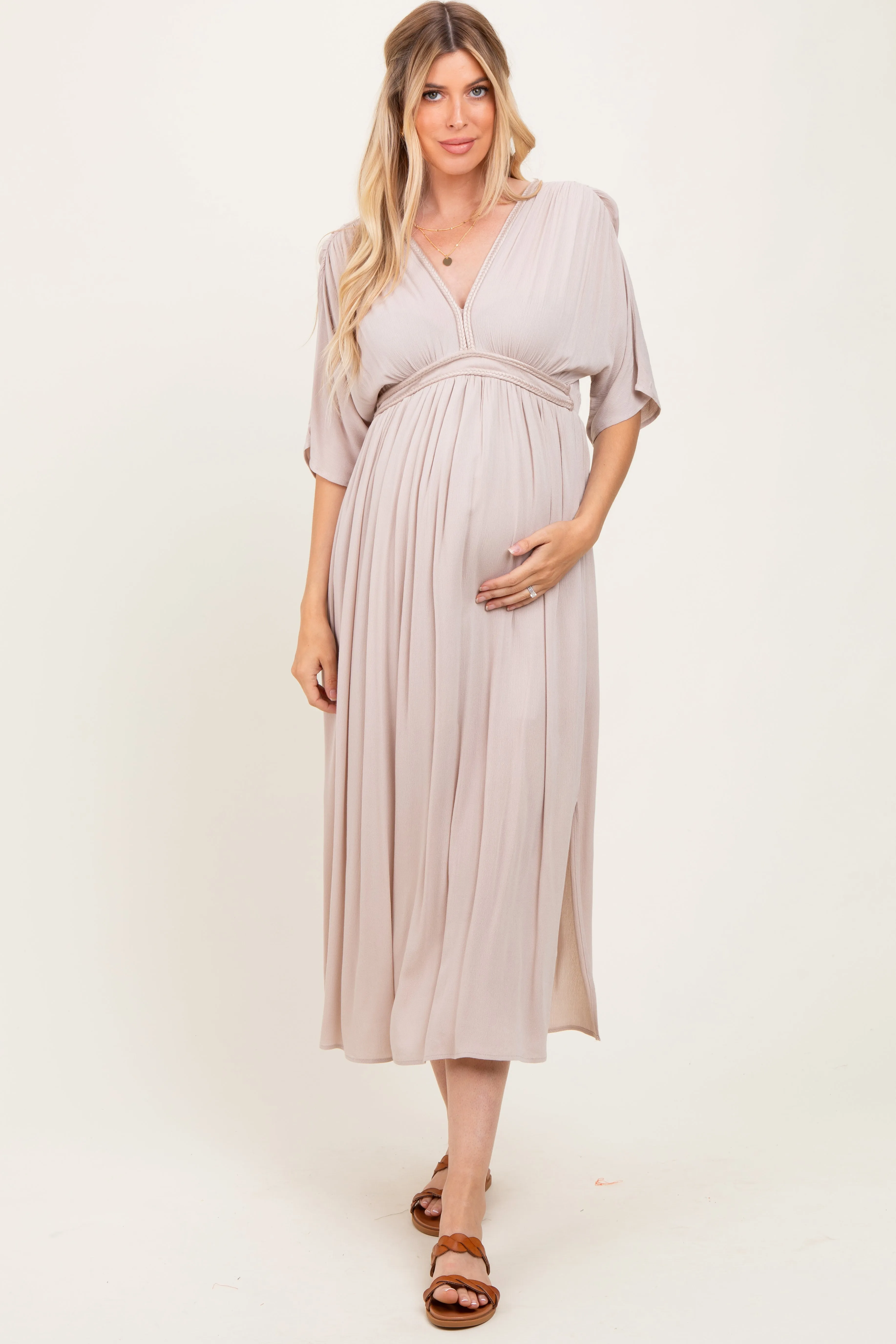 Beige V-Neck Braid Detail Maternity Maxi Dress sold by Pinkblush