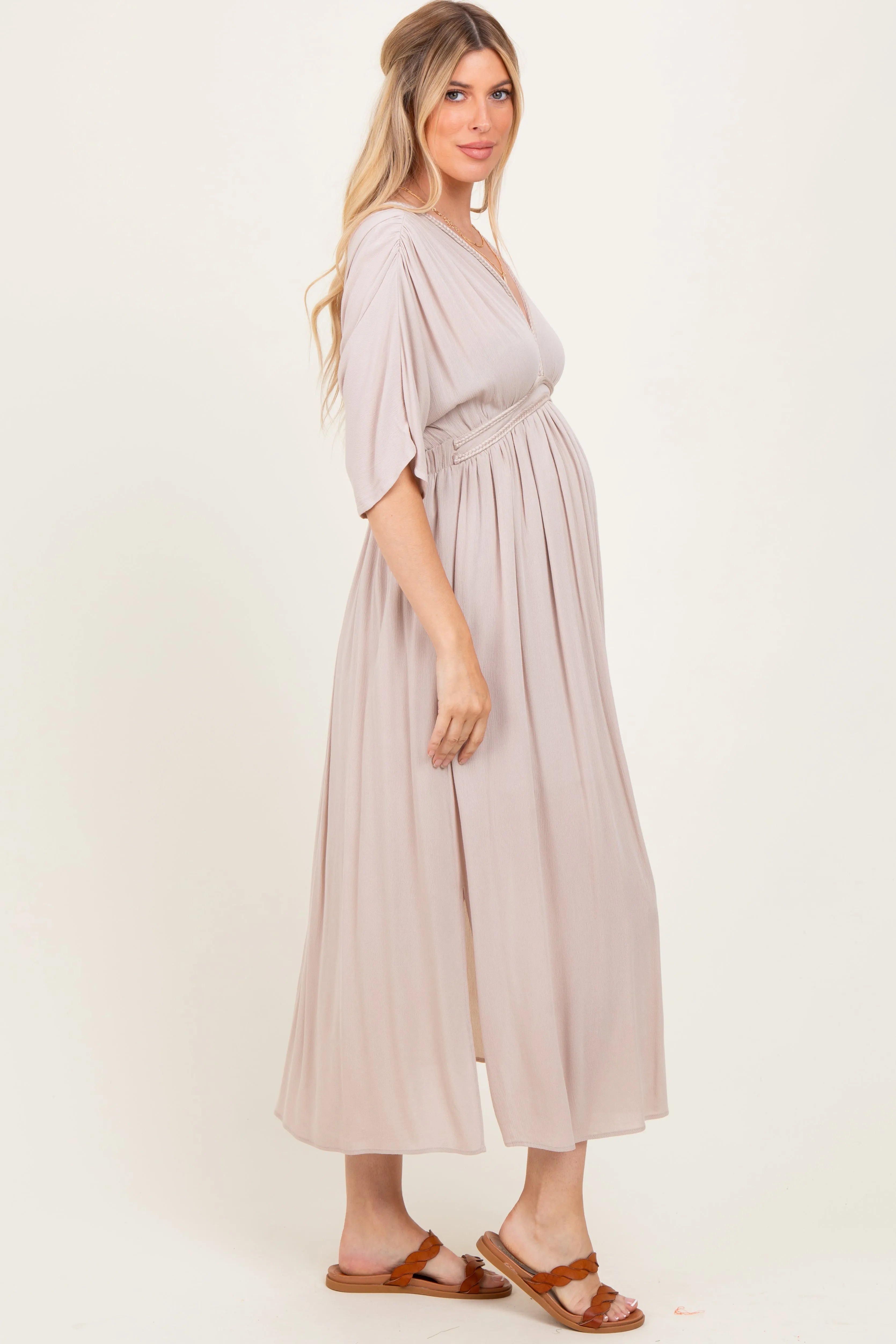 Beige V-Neck Braid Detail Maternity Maxi Dress sold by Pinkblush product image thumbnail 2
