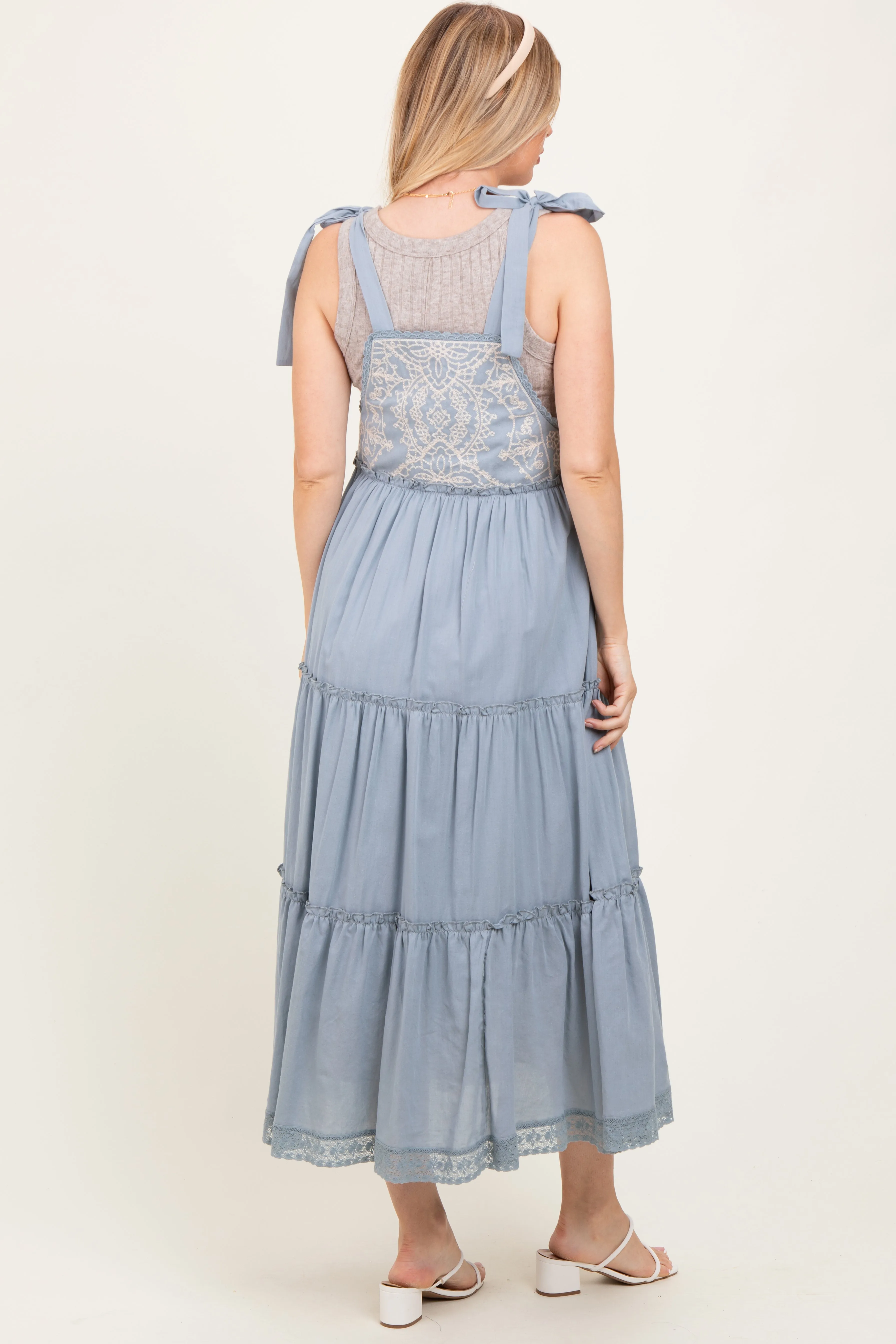 Blue Embroidered Ruffle Tiered Apron Maternity Dress sold by Pinkblush product image thumbnail 4