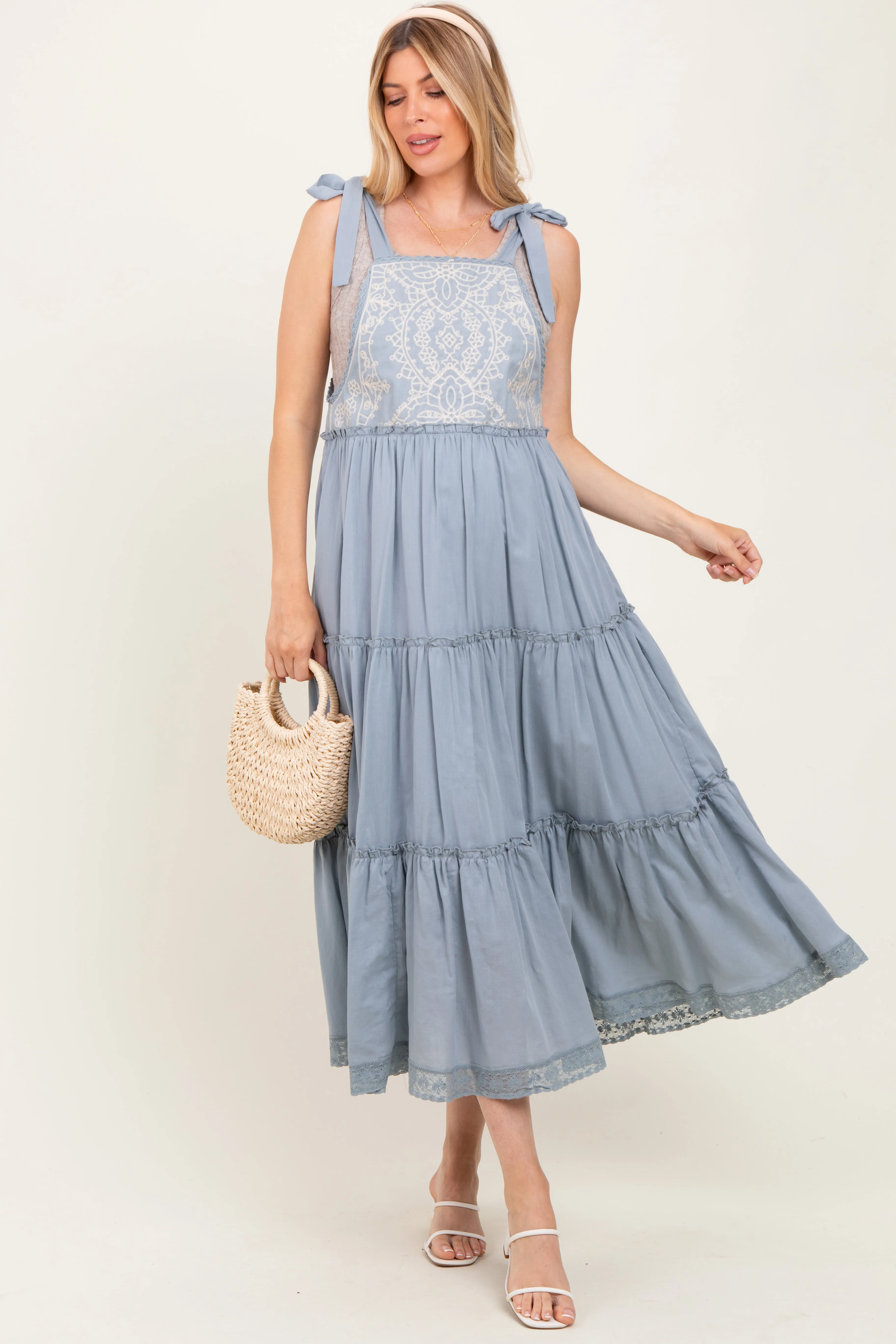 Blue Embroidered Ruffle Tiered Apron Maternity Dress sold by Pinkblush