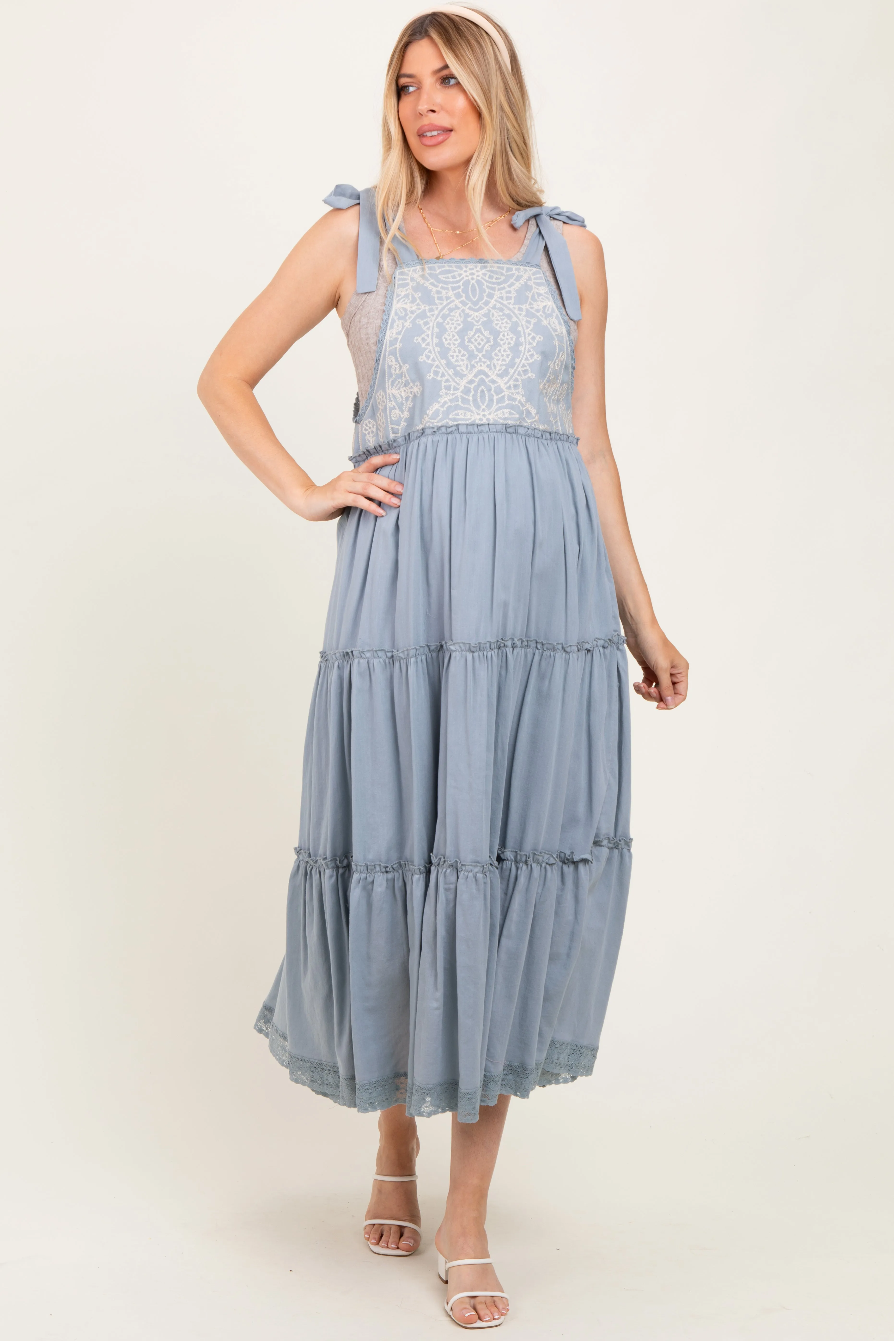 Blue Embroidered Ruffle Tiered Apron Maternity Dress sold by Pinkblush product image thumbnail 2