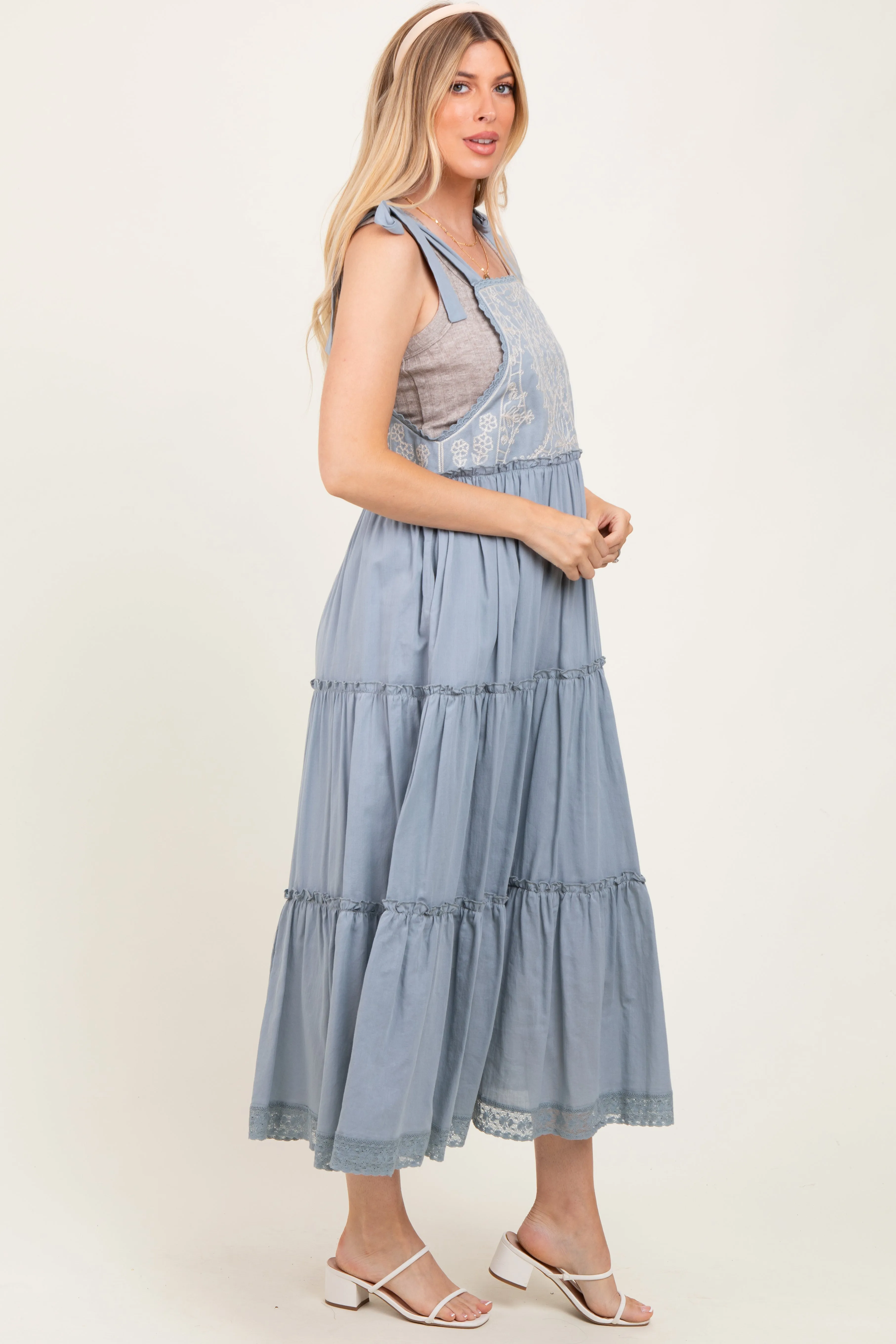 Blue Embroidered Ruffle Tiered Apron Maternity Dress sold by Pinkblush product image thumbnail 3