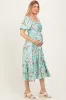 Mint Floral Pleated Bust Puff Sleeve Maternity Midi Dress sold by Pinkblush