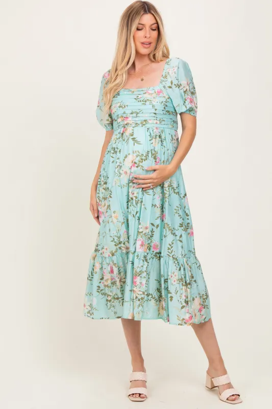 Mint Floral Pleated Bust Puff Sleeve Maternity Midi Dress sold by Pinkblush