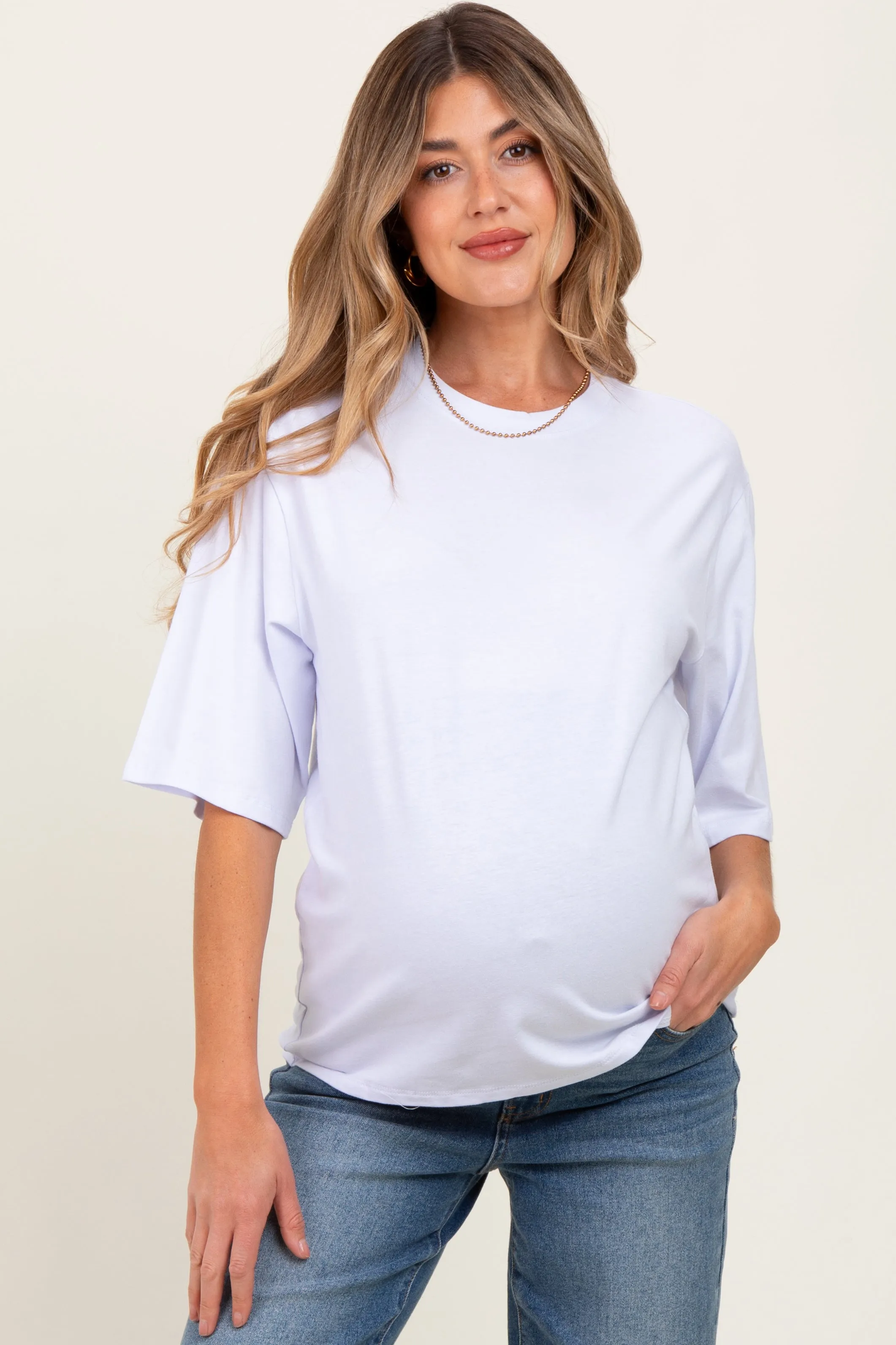 White Crew Neck Oversized Maternity Tee sold by Pinkblush