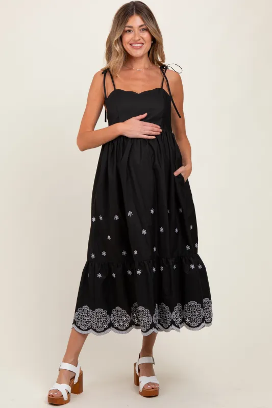 Black Embroidered Shoulder Tie Maternity Midi Dress sold by Pinkblush