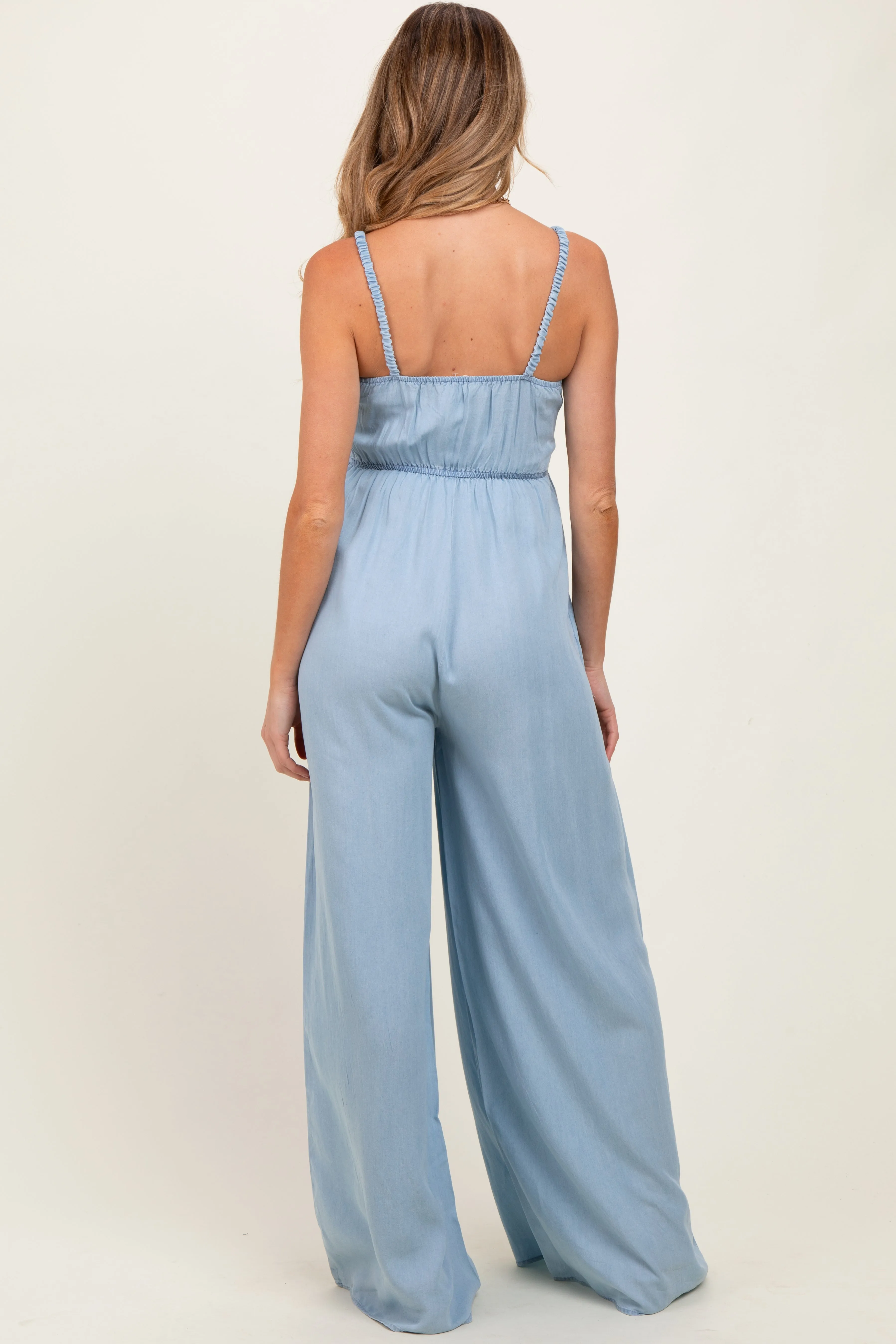 Light Blue Chambray Smocked Maternity Jumpsuit sold by Pinkblush product image thumbnail 3