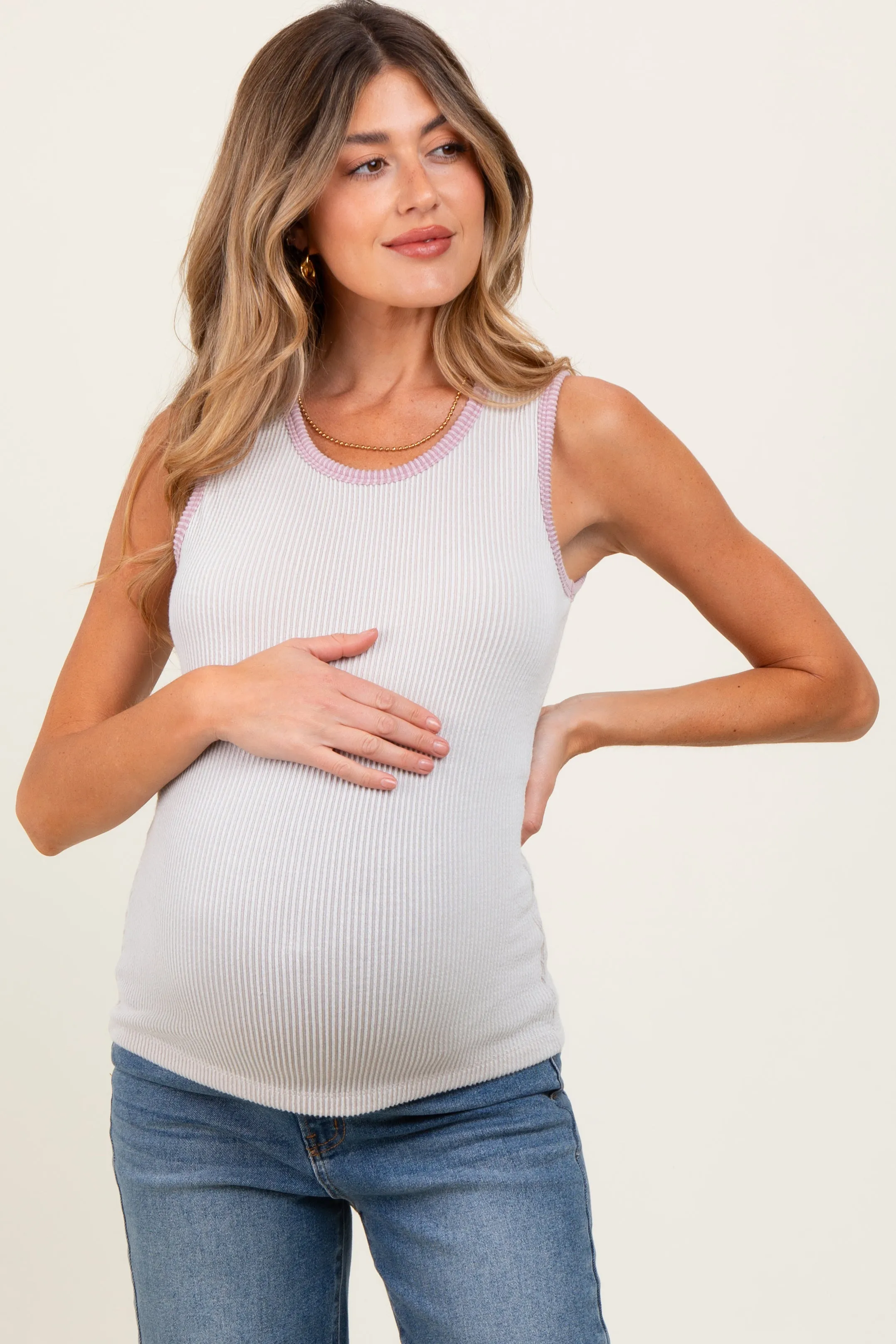 Ivory Solid Ribbed Maternity Tank Top sold by Pinkblush
