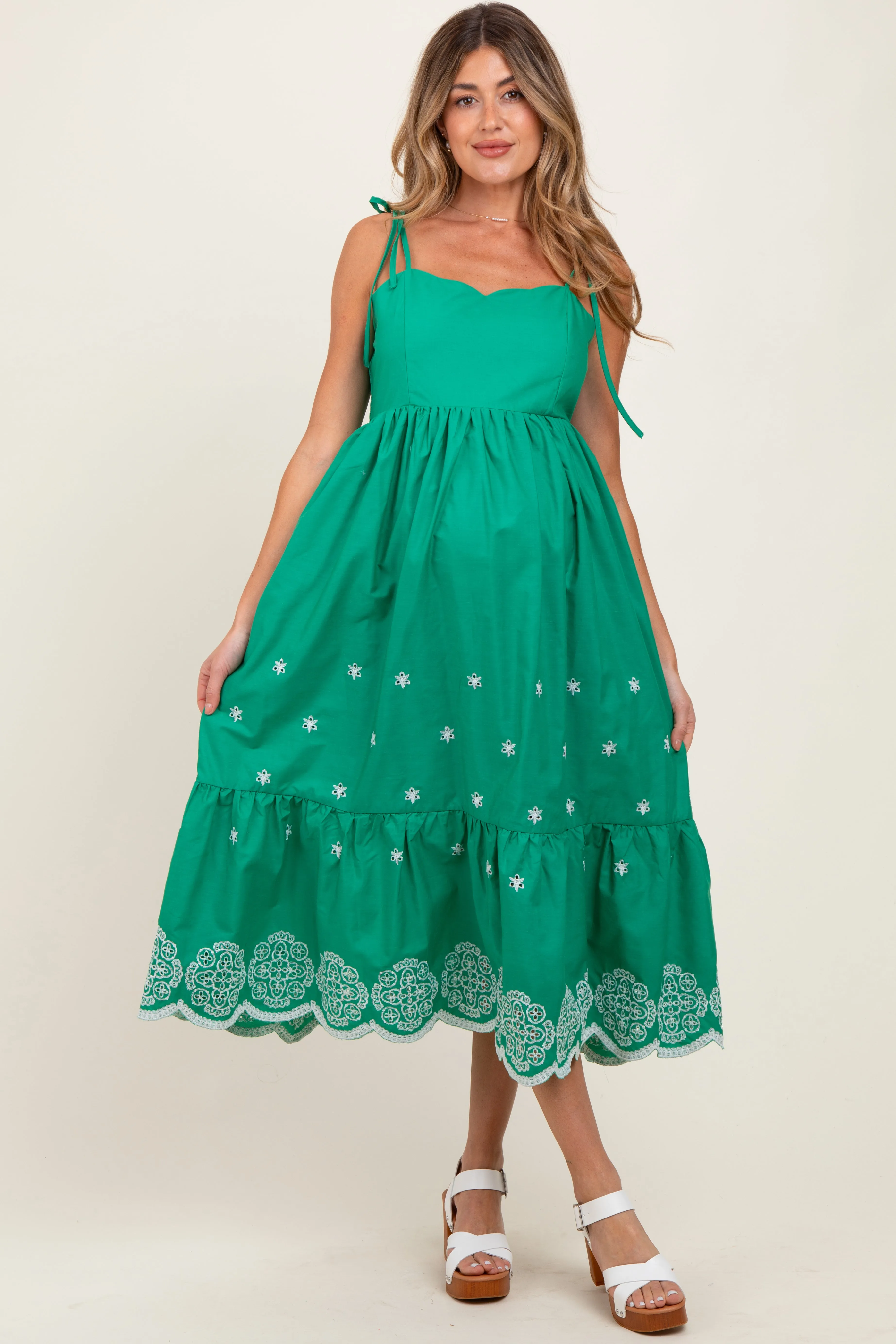 Green Embroidered Shoulder Tie Maternity Midi Dress sold by Pinkblush