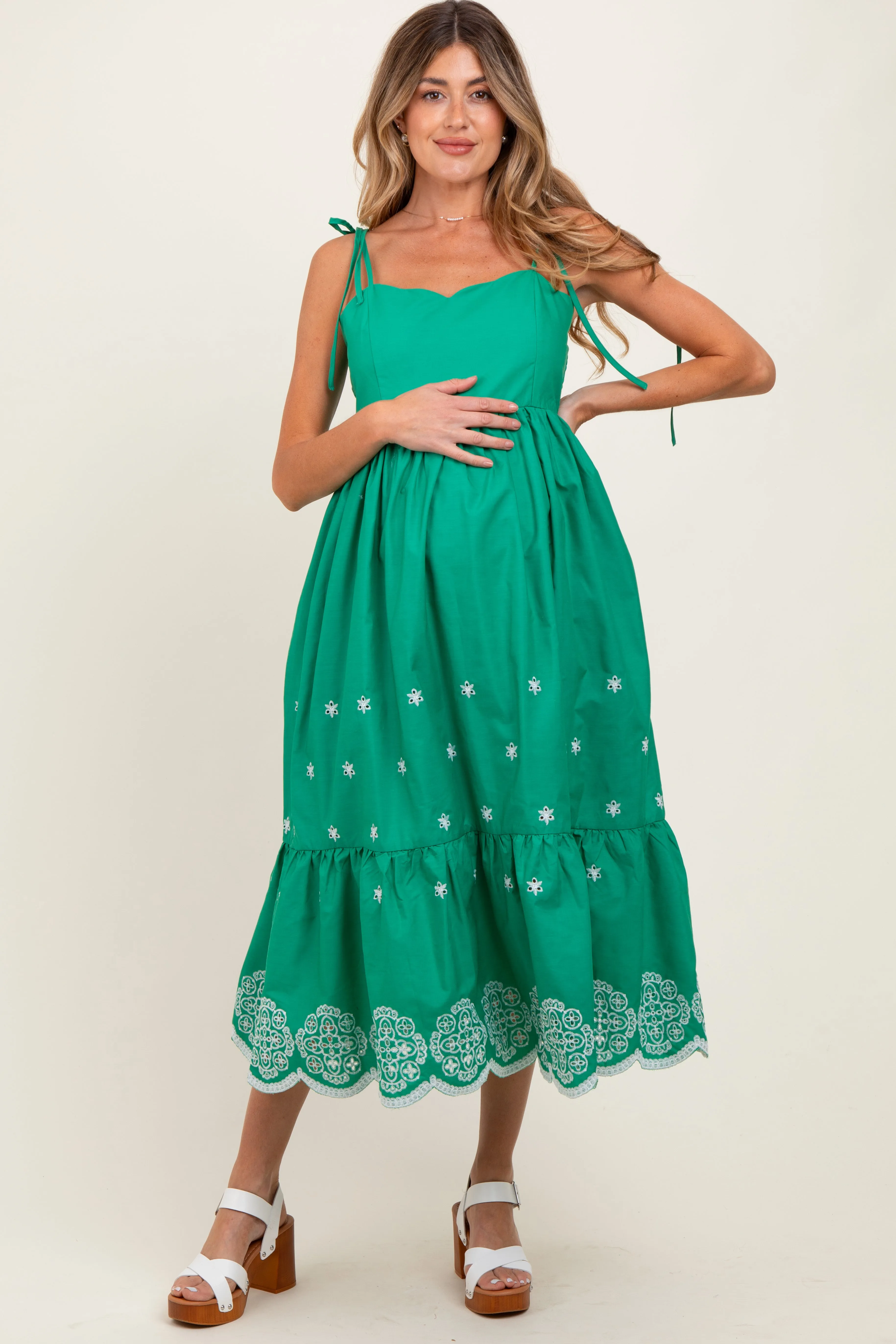 Green Embroidered Shoulder Tie Maternity Midi Dress sold by Pinkblush product image thumbnail 2