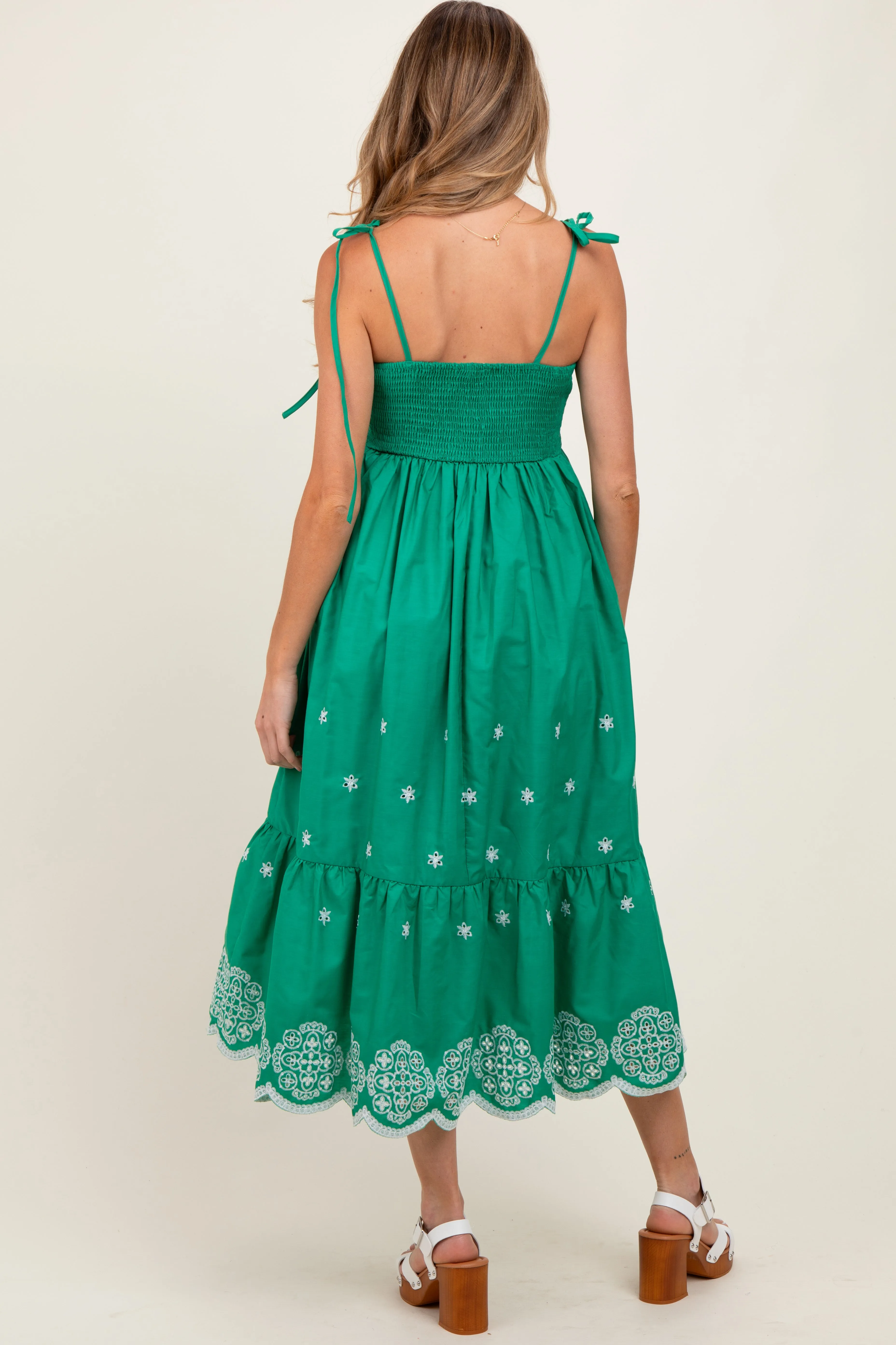 Green Embroidered Shoulder Tie Maternity Midi Dress sold by Pinkblush product image thumbnail 3