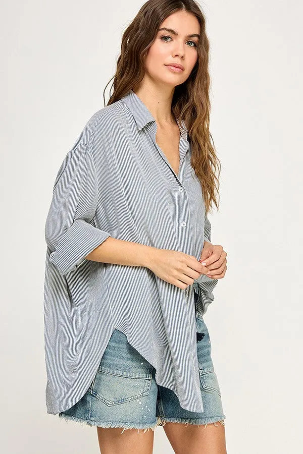 Blue Striped Oversized Button Down Shirt sold by Pinkblush product image thumbnail 5