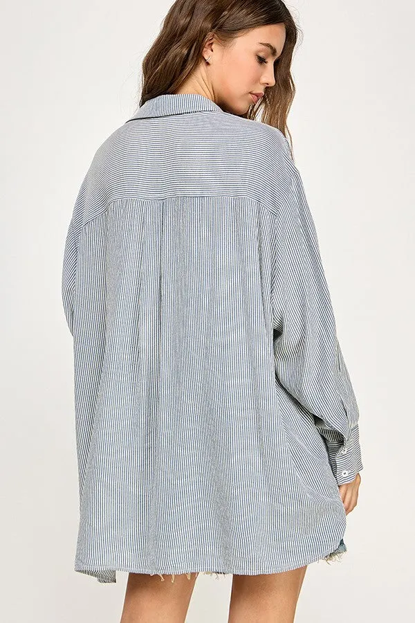 Blue Striped Oversized Button Down Shirt sold by Pinkblush product image thumbnail 4