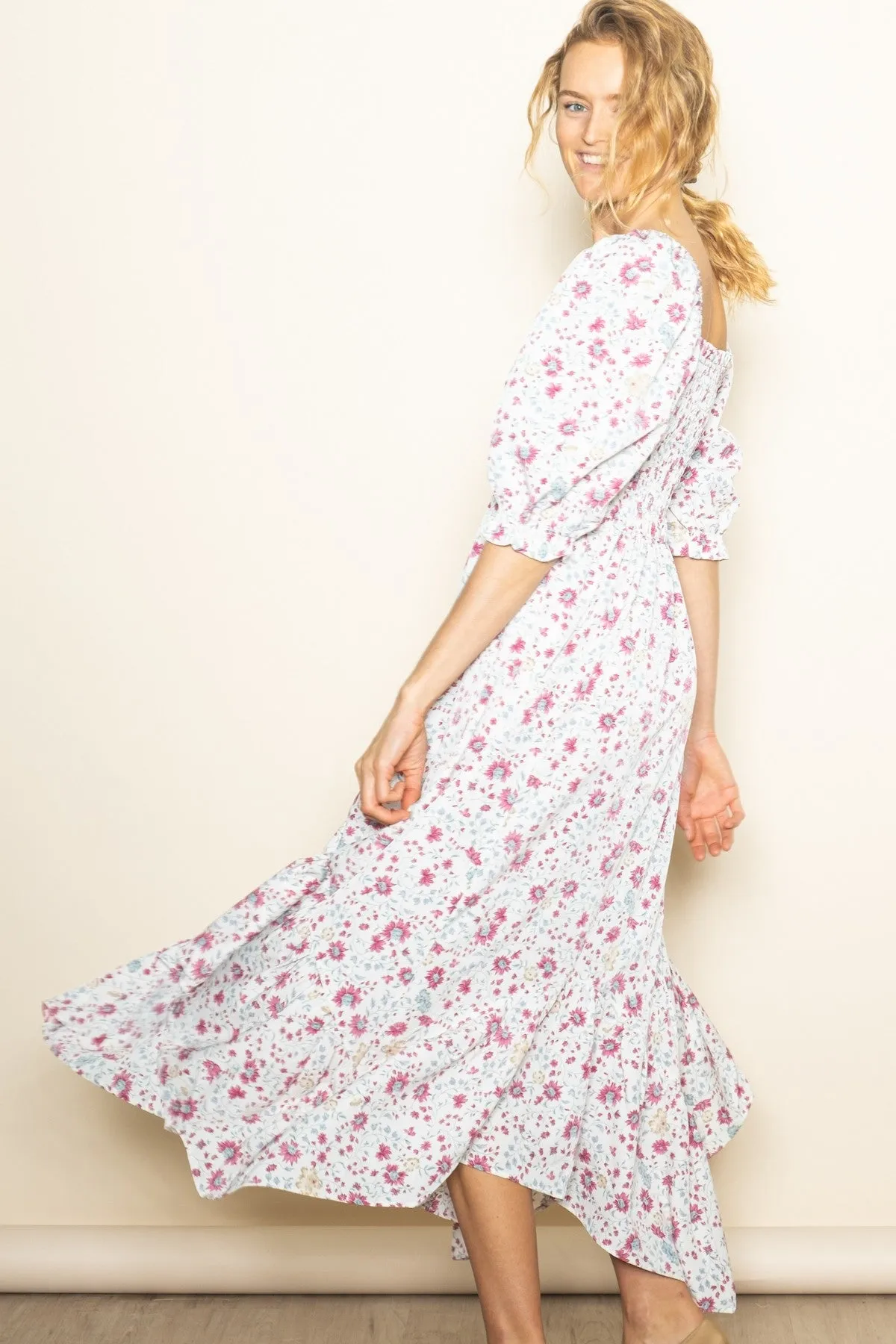 Ivory Floral Smocked Handkerchief Hem Maxi Dress sold by Pinkblush product image thumbnail 3