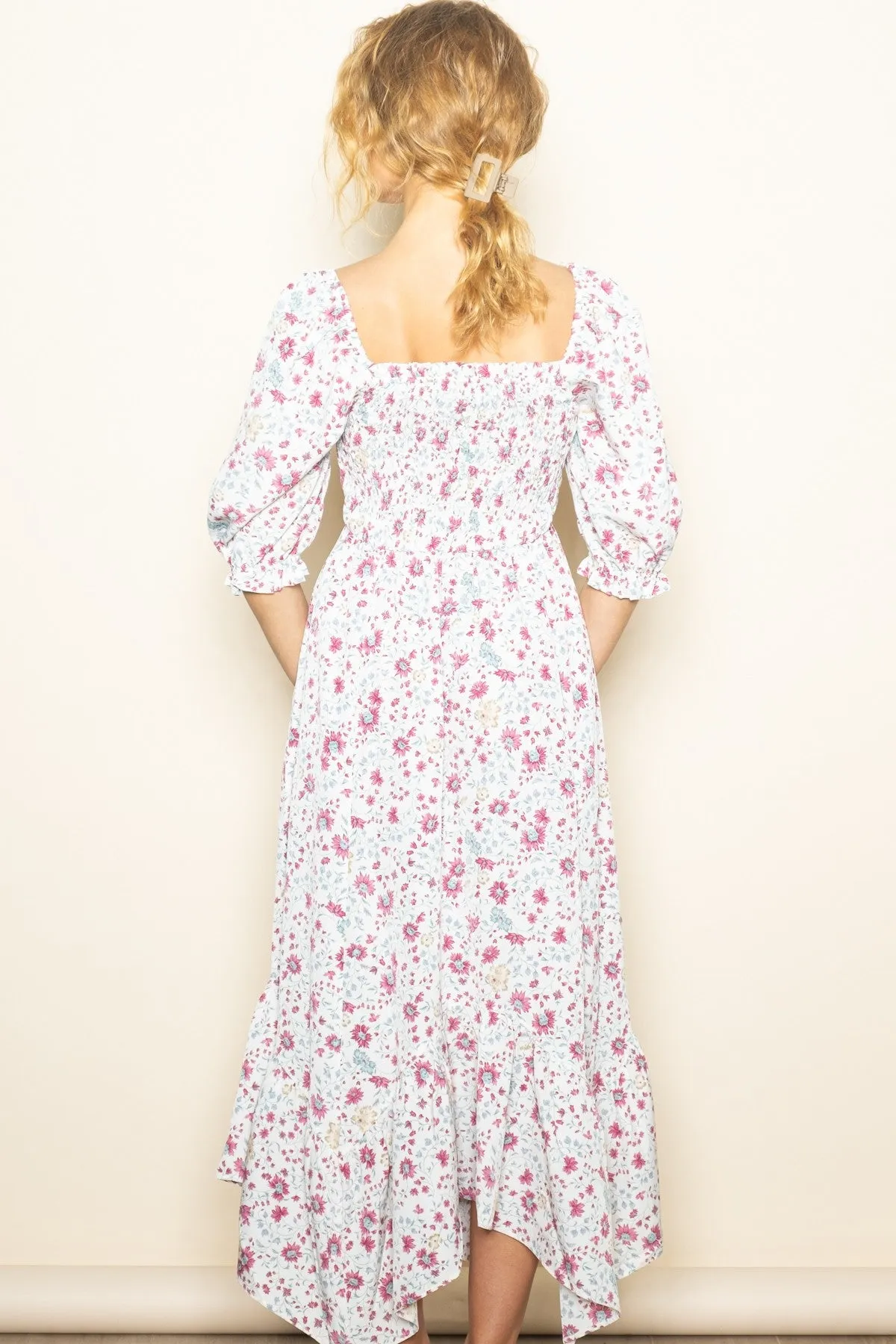 Ivory Floral Smocked Handkerchief Hem Maxi Dress sold by Pinkblush product image thumbnail 4