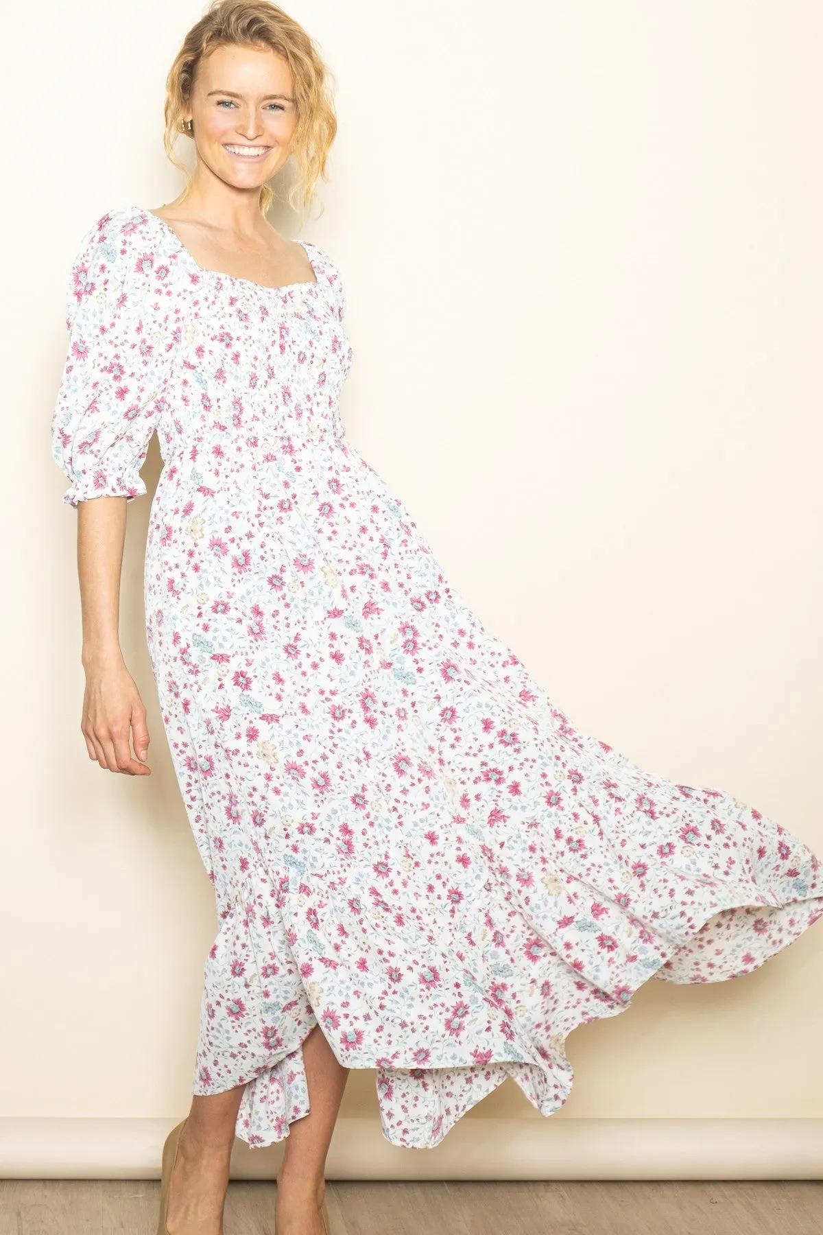Ivory Floral Smocked Handkerchief Hem Maxi Dress sold by Pinkblush