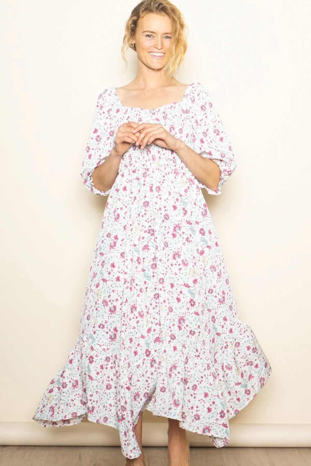 Ivory Floral Smocked Handkerchief Hem Maxi Dress sold by Pinkblush product image thumbnail 2