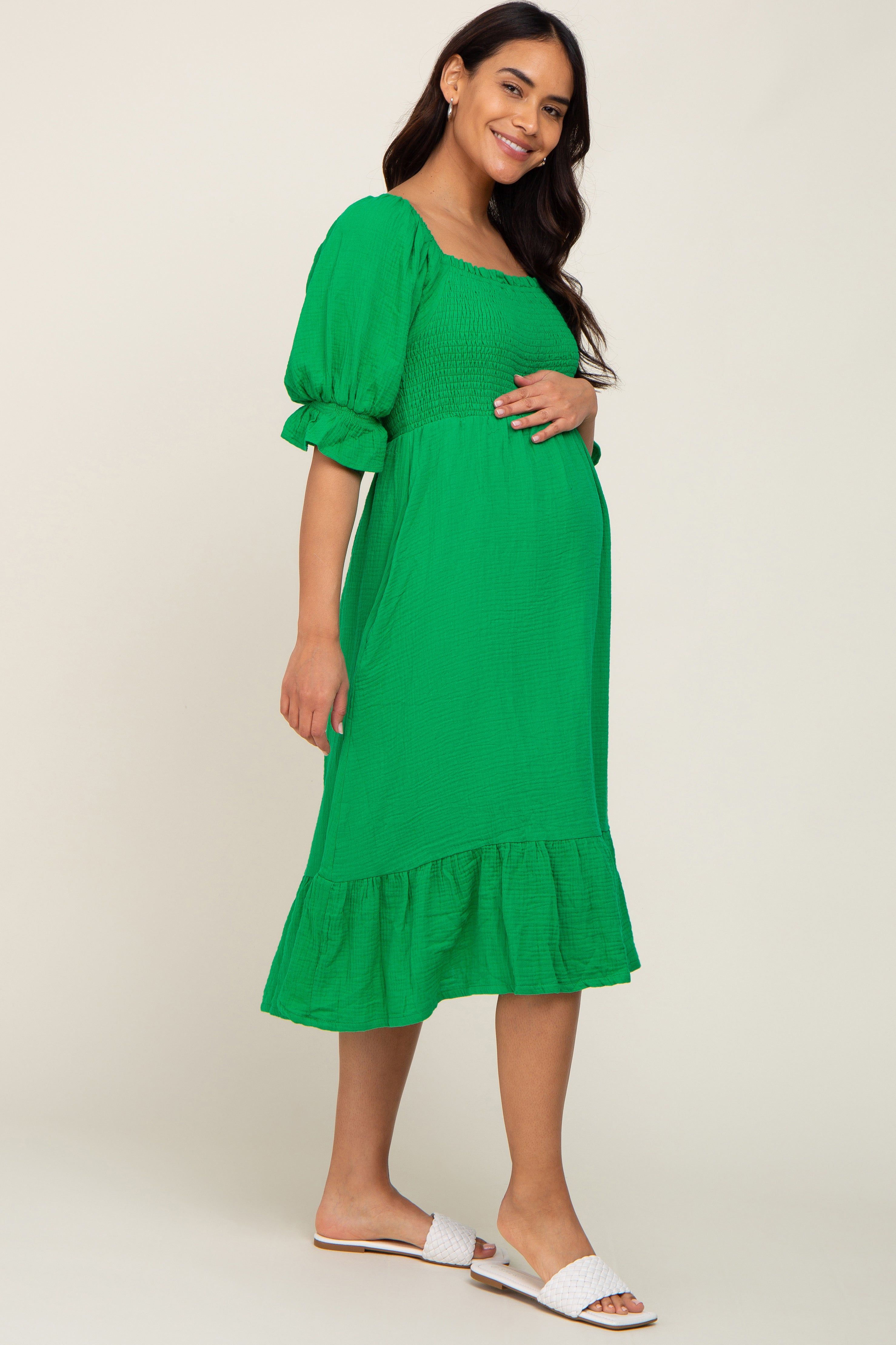 Green Smocked Puff Sleeve Ruffe Hem Maternity Midi Dress sold by Pinkblush product image thumbnail 2