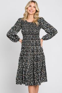 Black Floral Smocked 3/4 Sleeve Tiered Midi Dress sold by Pinkblush