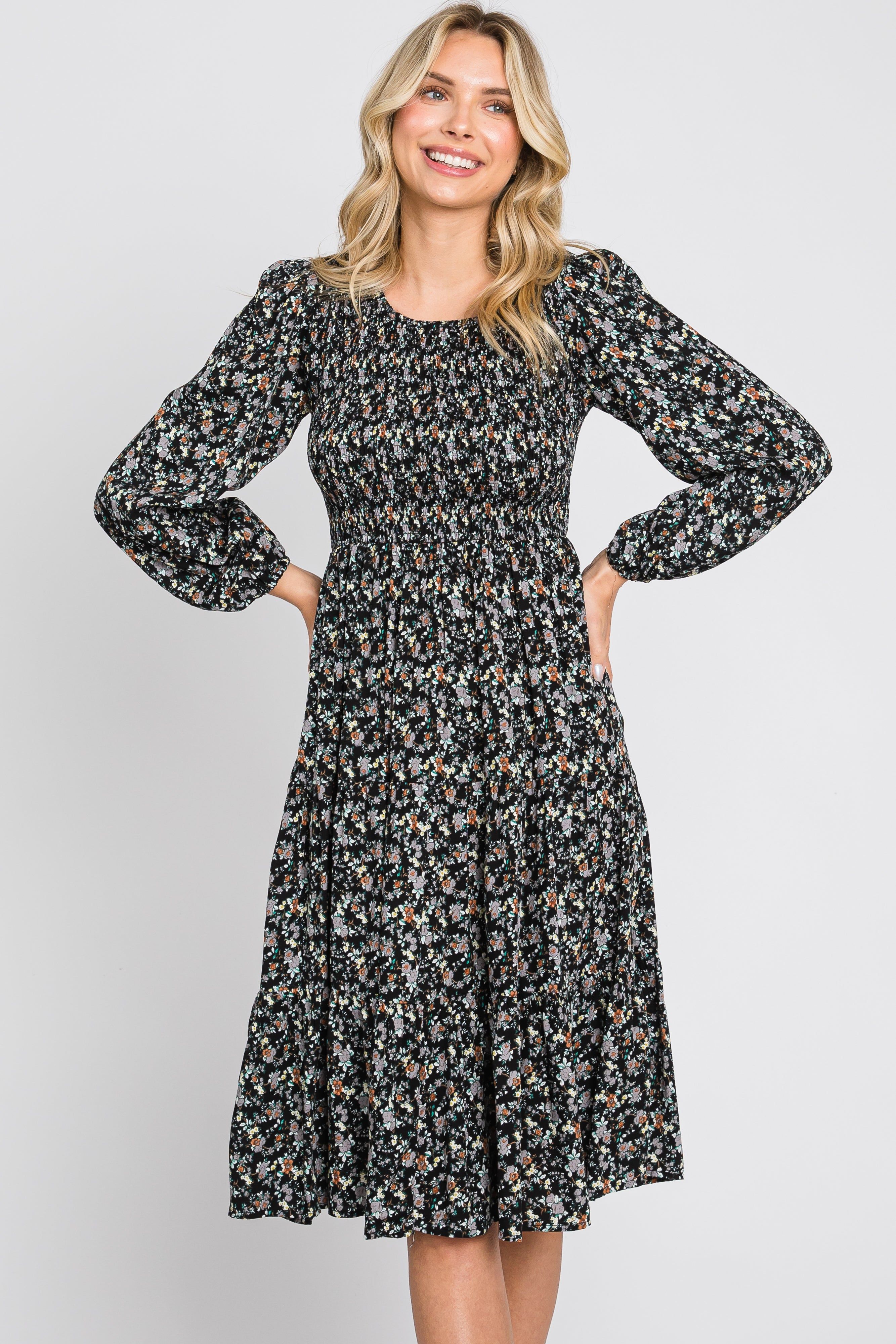 Black Floral Smocked 3/4 Sleeve Tiered Midi Dress sold by Pinkblush product image thumbnail 4