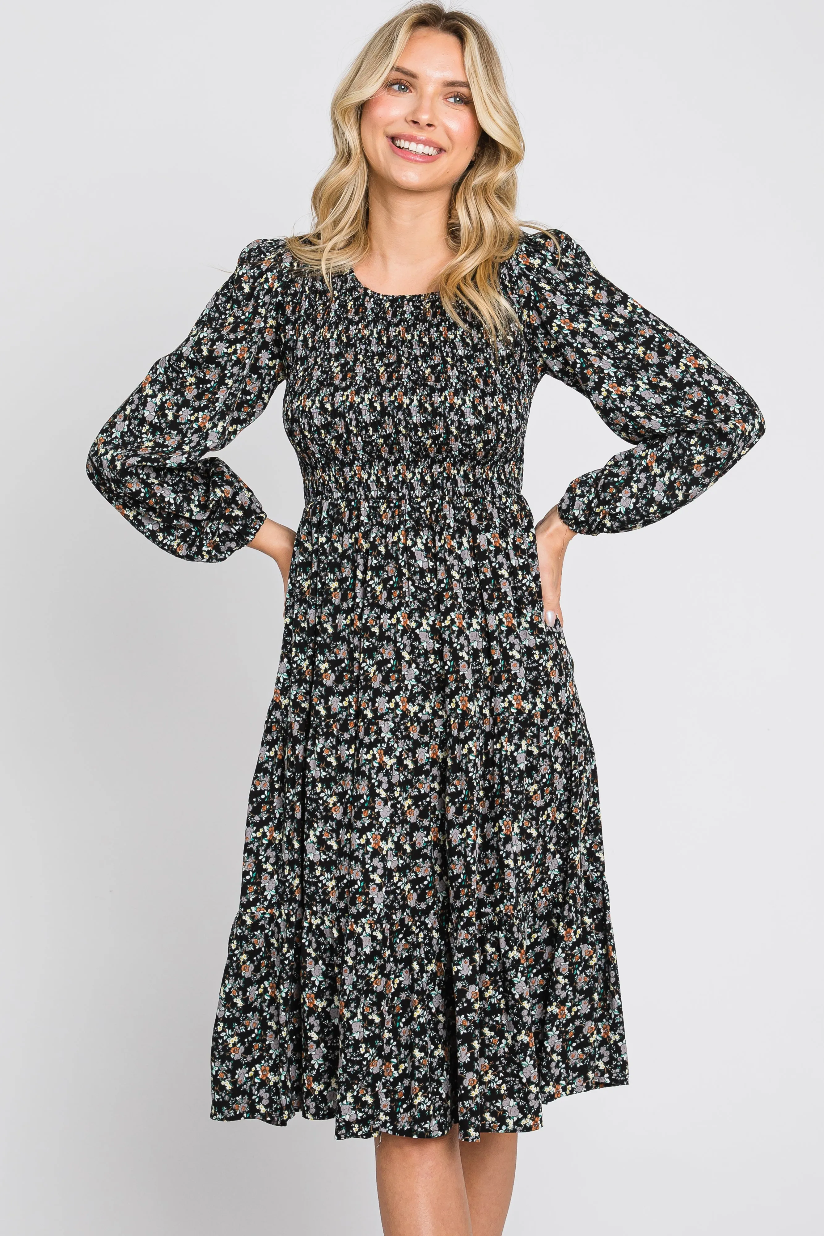 Black Floral Smocked 3/4 Sleeve Tiered Midi Dress sold by Pinkblush product image thumbnail 4