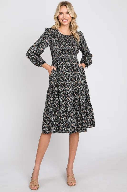 Black Floral Smocked 3/4 Sleeve Tiered Midi Dress sold by Pinkblush