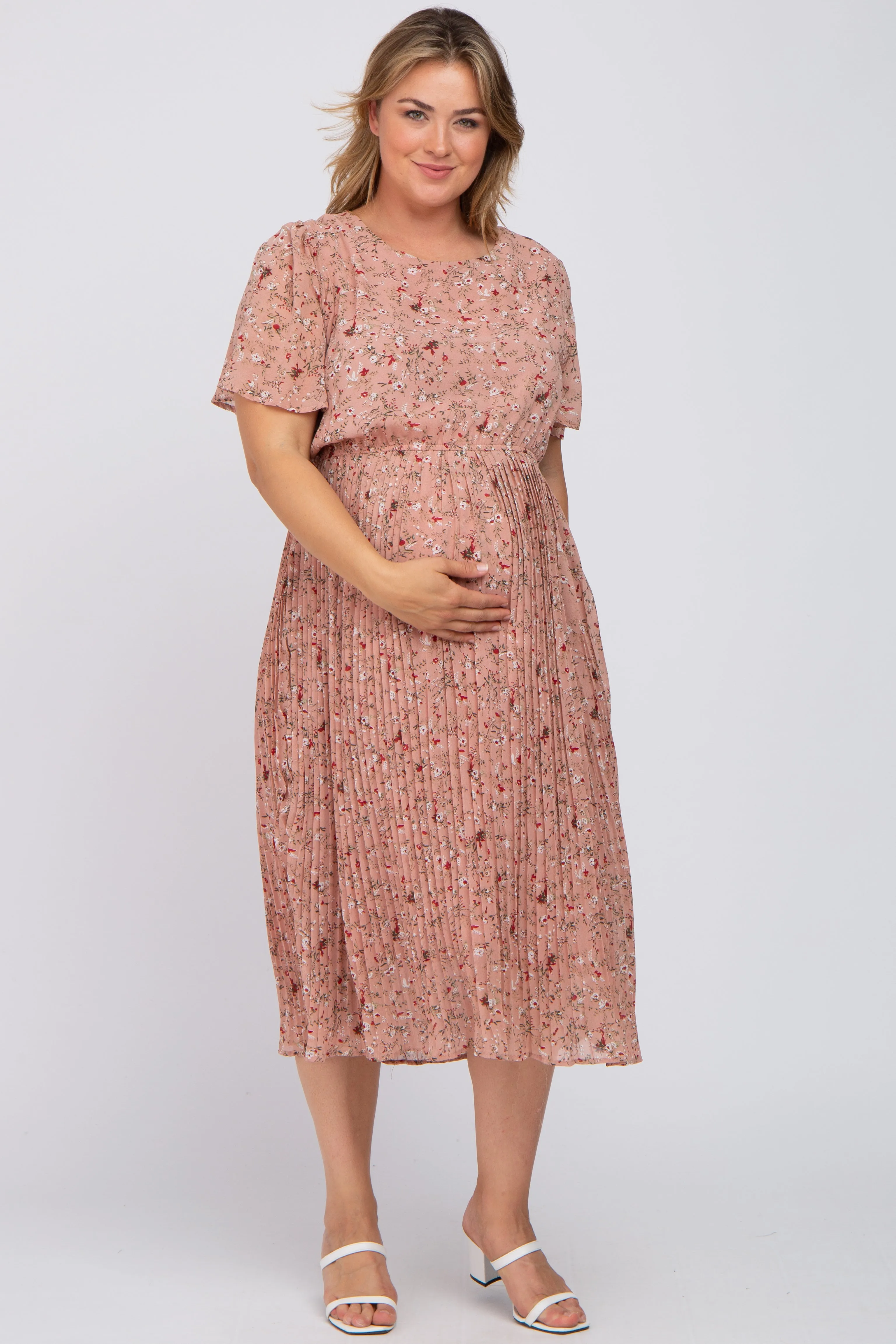 Light Pink Floral Pleated Chiffon Maternity Plus Midi Dress sold by Pinkblush product image thumbnail 4