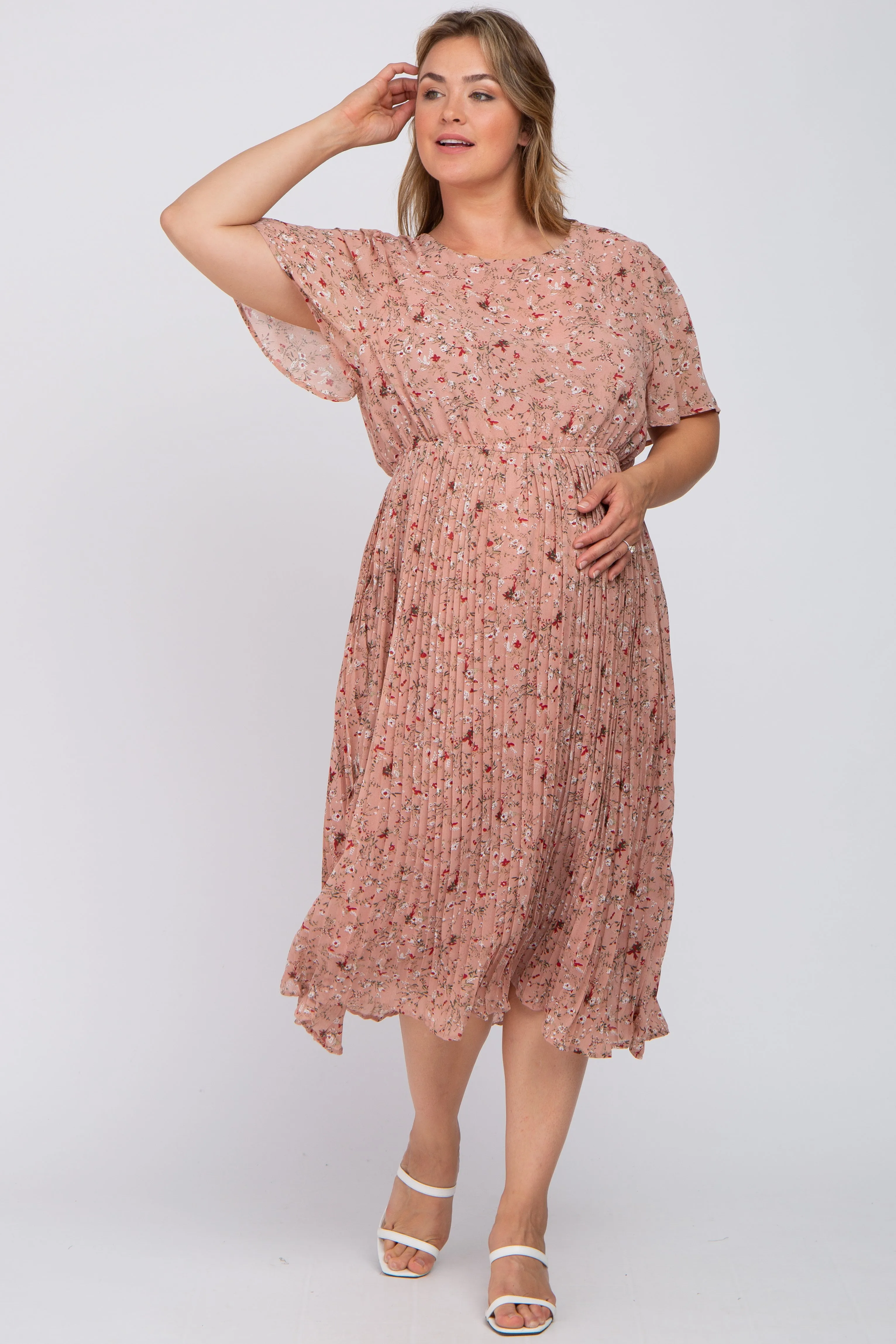 Light Pink Floral Pleated Chiffon Maternity Plus Midi Dress sold by Pinkblush