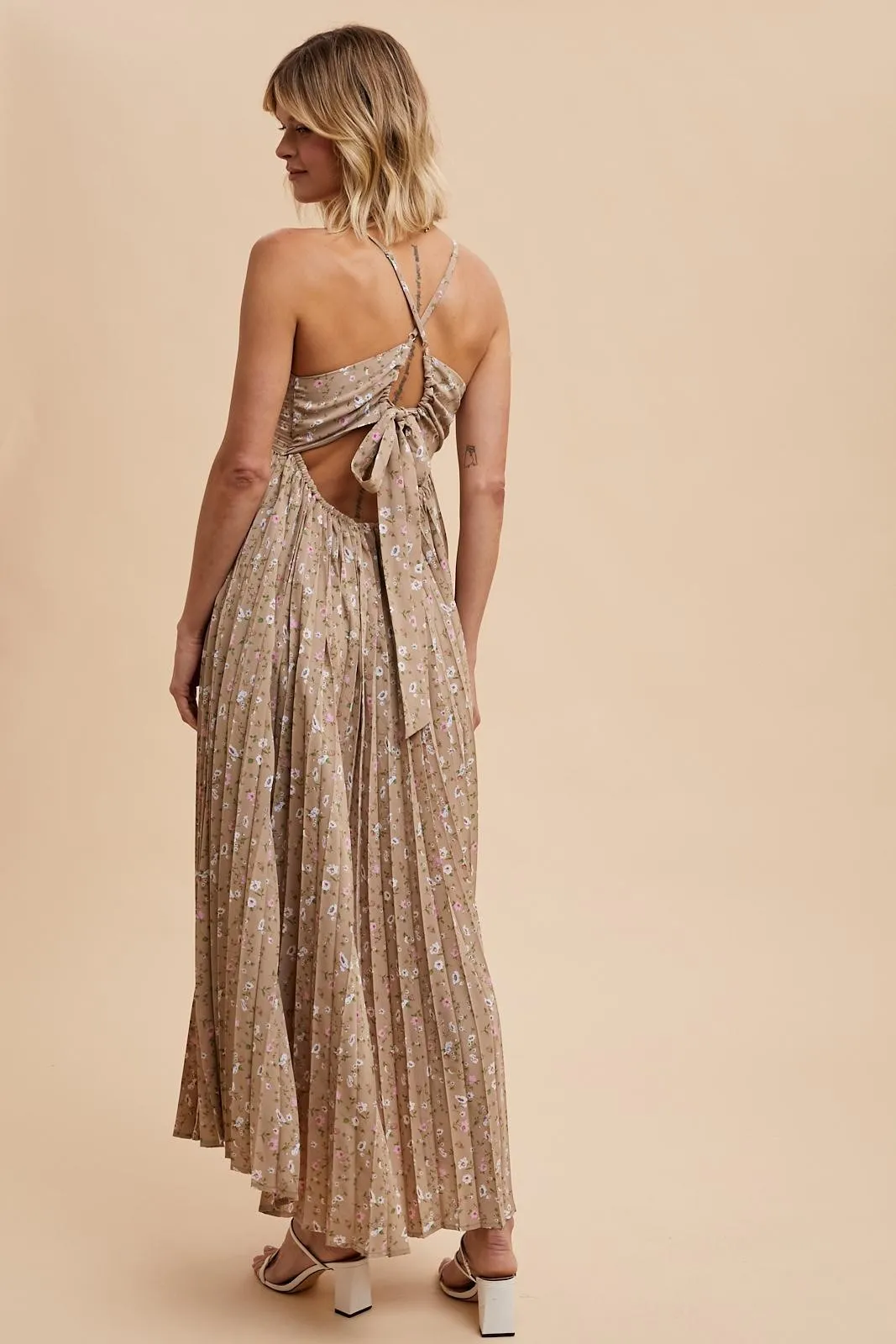 Mocha Floral Pleated Back Cutout Maxi Dress sold by Pinkblush product image thumbnail 4